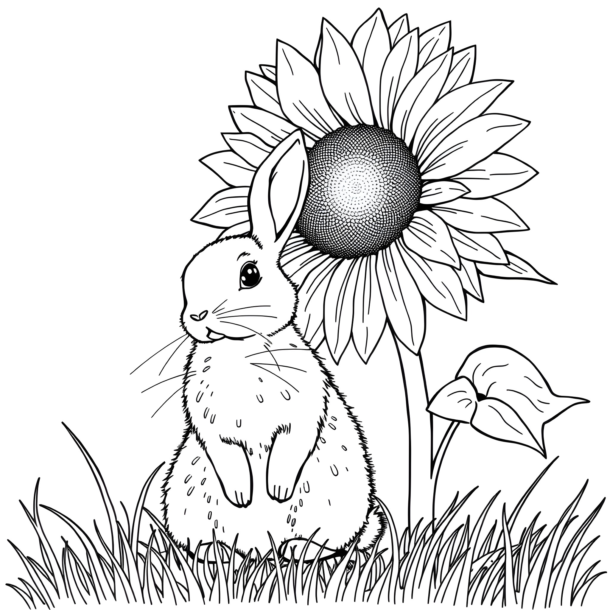 Rabbit sitting amidst sunflowers in a field Coloring Page (free black-and-white line drawing printable PDF for all, from beginners to advanced learners, including children, teens, adults, and seniors)