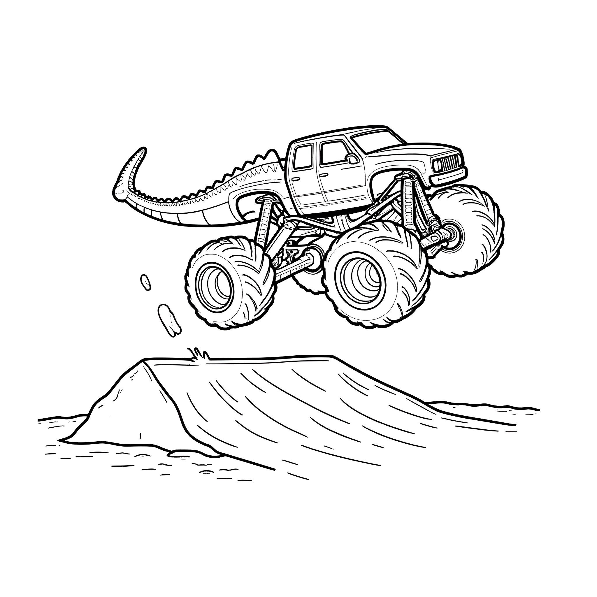 Megalodon monster truck jumping over a hill Coloring Page (free black-and-white line drawing printable PDF for all, from beginners to advanced learners, including children, teens, adults, and seniors)