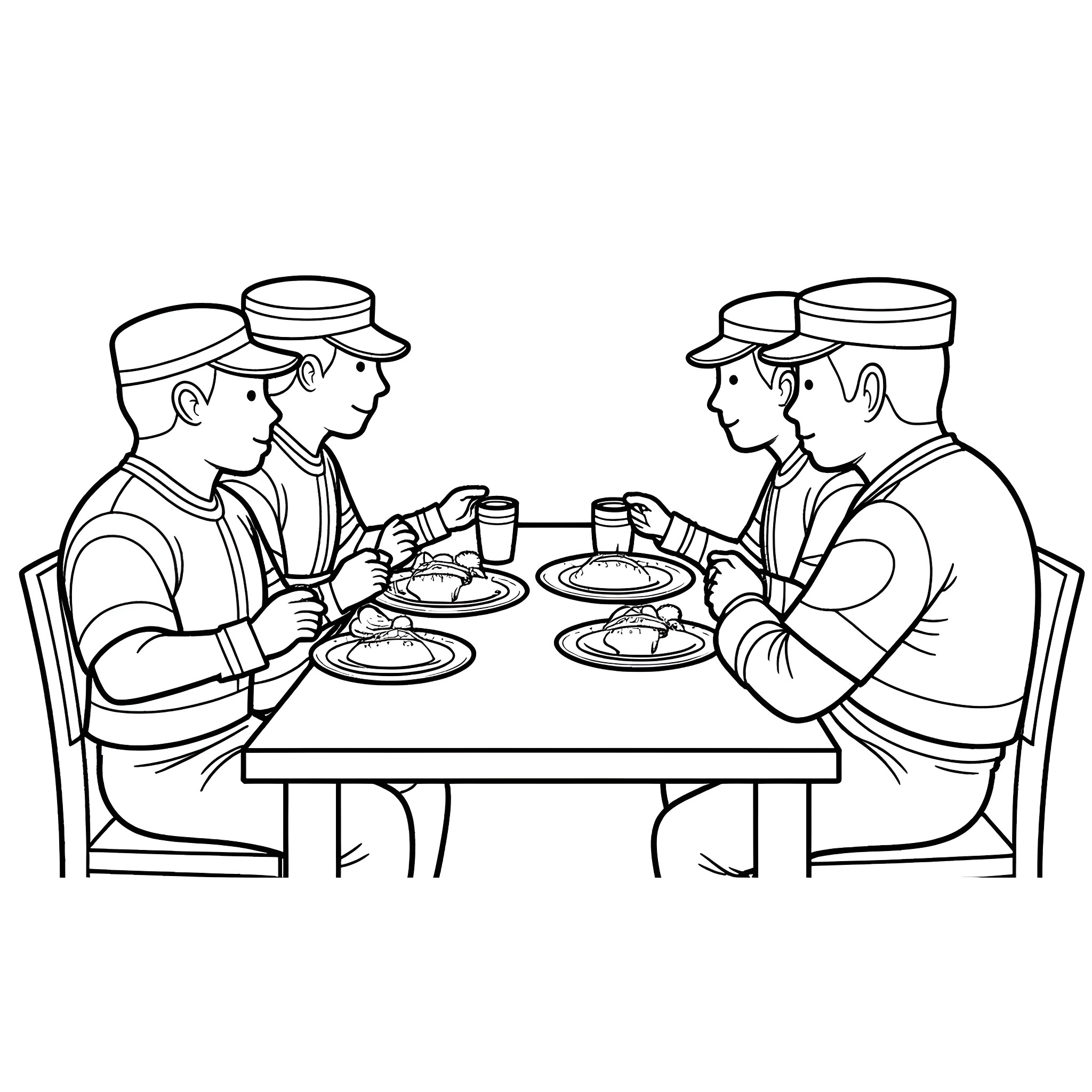 Marine crew enjoying meal together Coloring Page (free black-and-white line drawing printable PDF for all, from beginners to advanced learners, including children, teens, adults, and seniors)