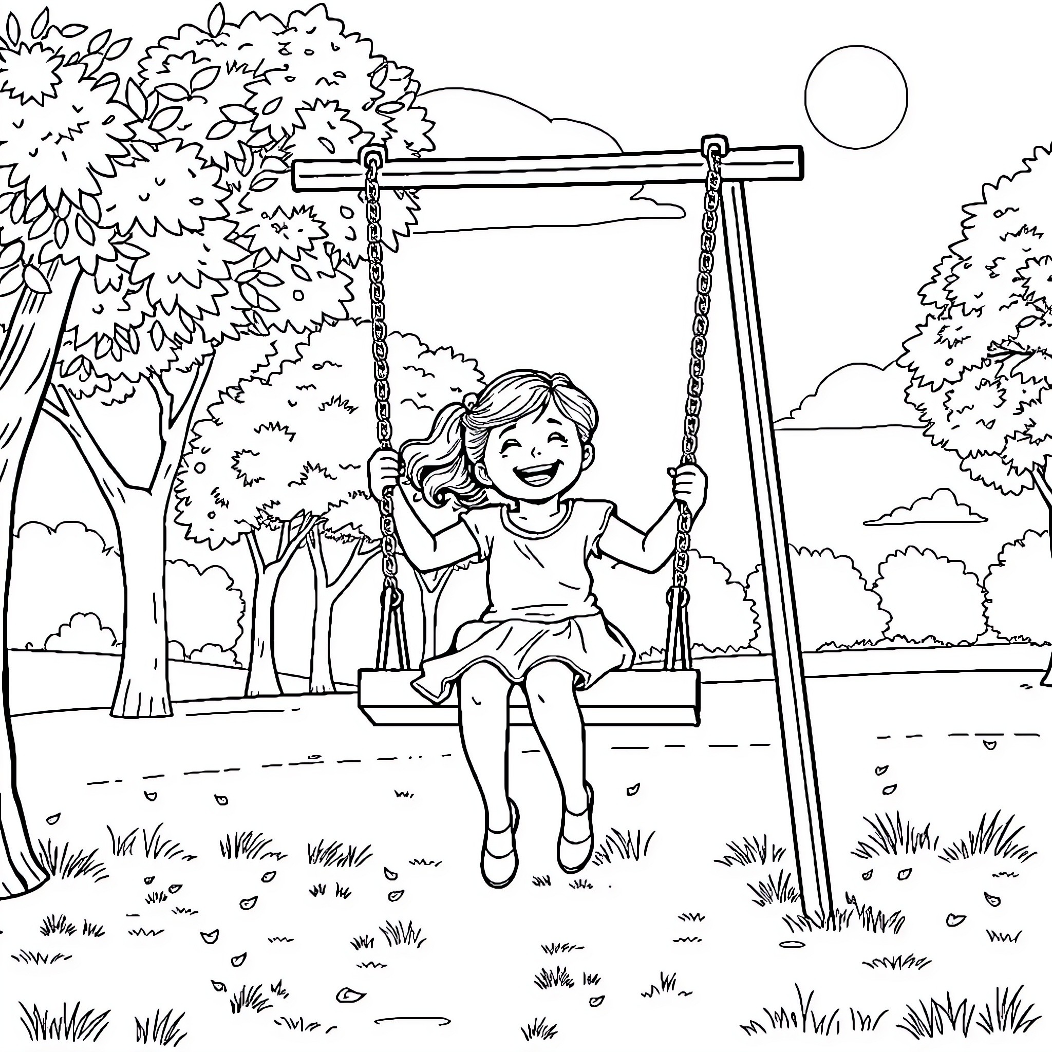 Girl enjoying swing in peaceful park Coloring Page (free black-and-white line drawing printable PDF for all, from beginners to advanced learners, including children, teens, adults, and seniors)