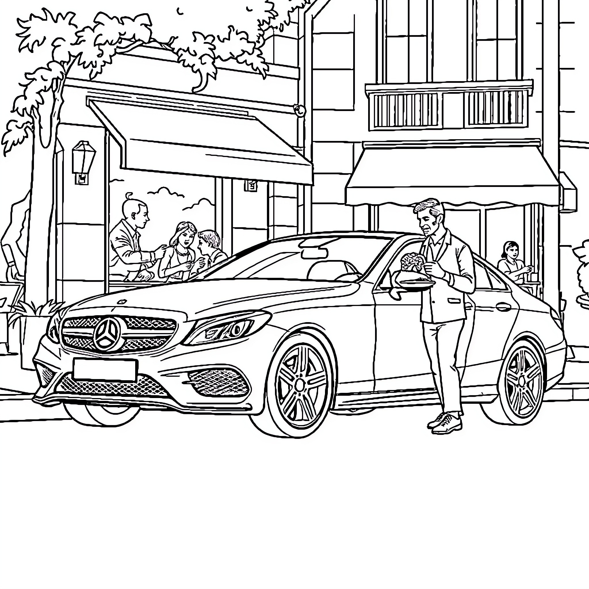 Mercedes-Benz Stylish Car in Urban Setting Coloring Page (free black-and-white line drawing printable PDF for all, from beginners to advanced learners, including children, teens, adults, and seniors)