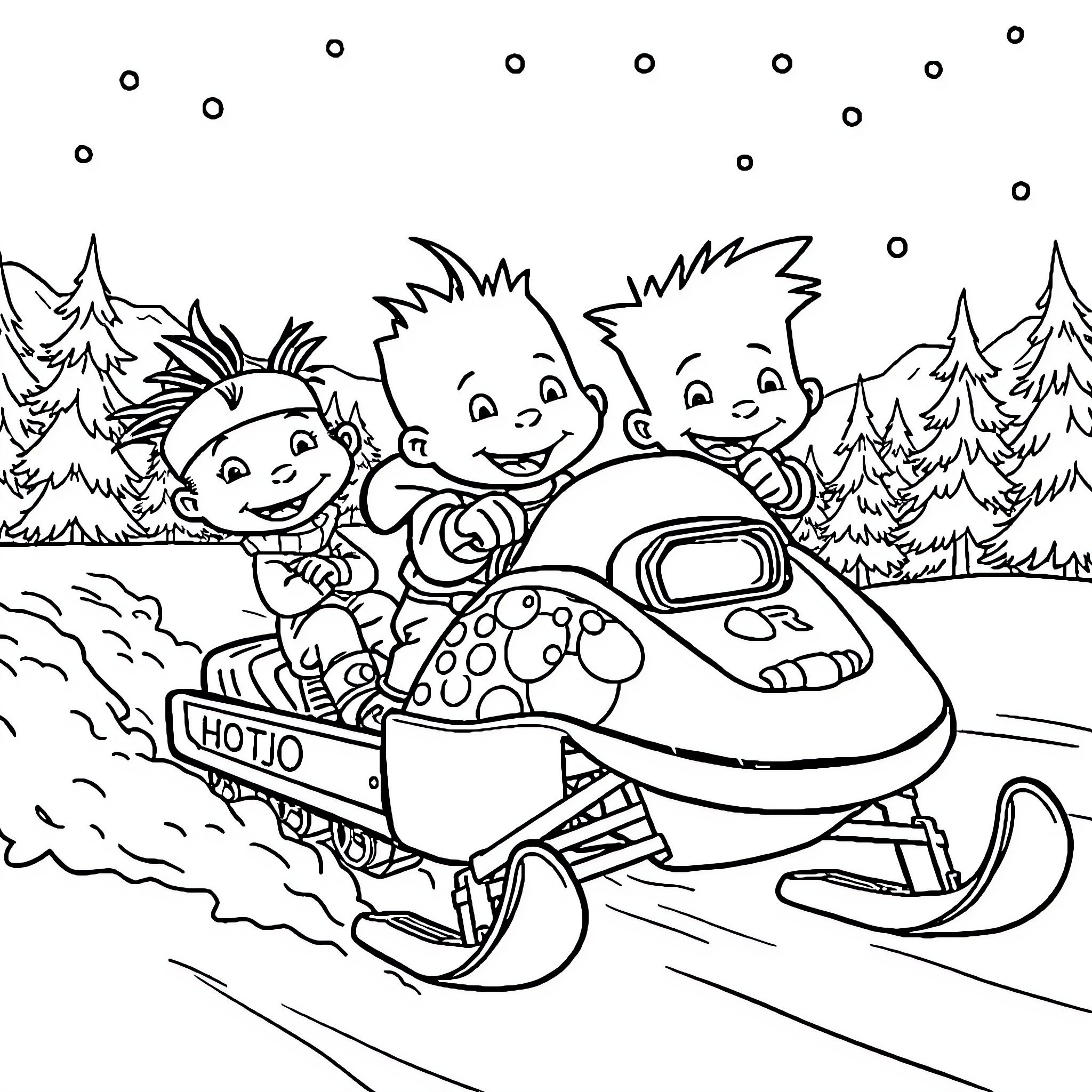 Rugrat friends enjoying a snowmobile ride in the winter Coloring Page (free black-and-white line drawing printable PDF for all, from beginners to advanced learners, including children, teens, adults, and seniors)