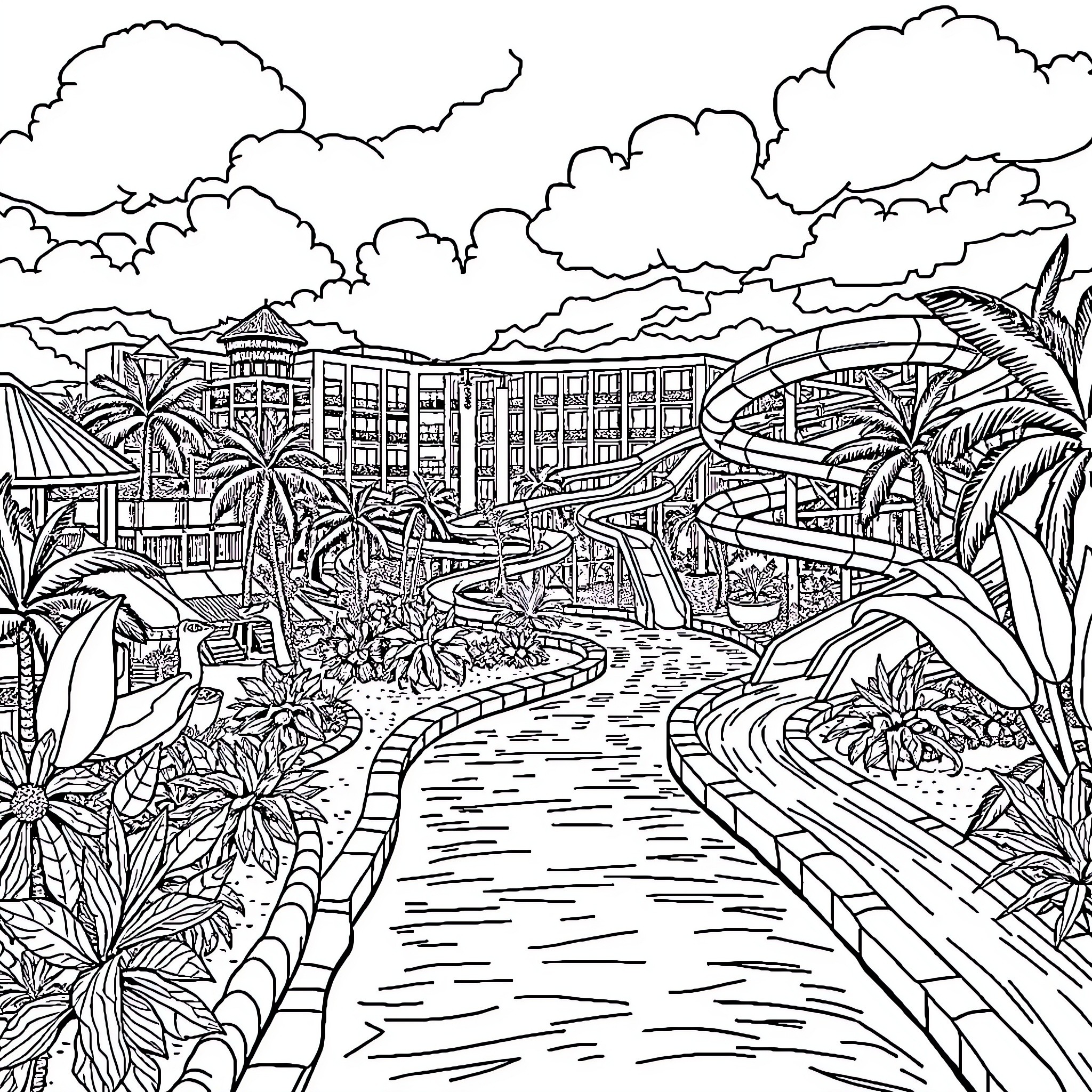 Water Slide Park with Tropical Scenery Coloring Page (free black-and-white line drawing printable PDF for all, from beginners to advanced learners, including children, teens, adults, and seniors)