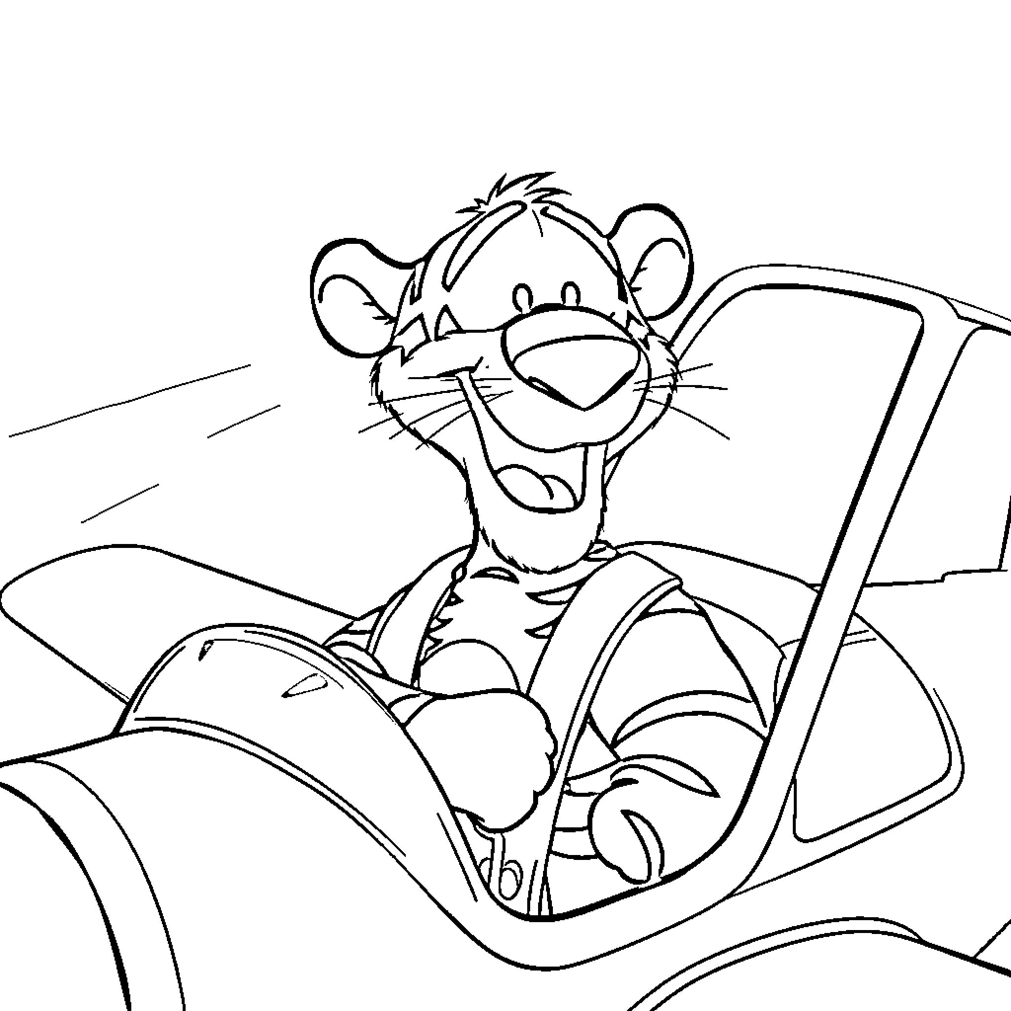 Tigger driving a car excitedly Coloring Page (free black-and-white line drawing printable PDF for all, from beginners to advanced learners, including children, teens, adults, and seniors)
