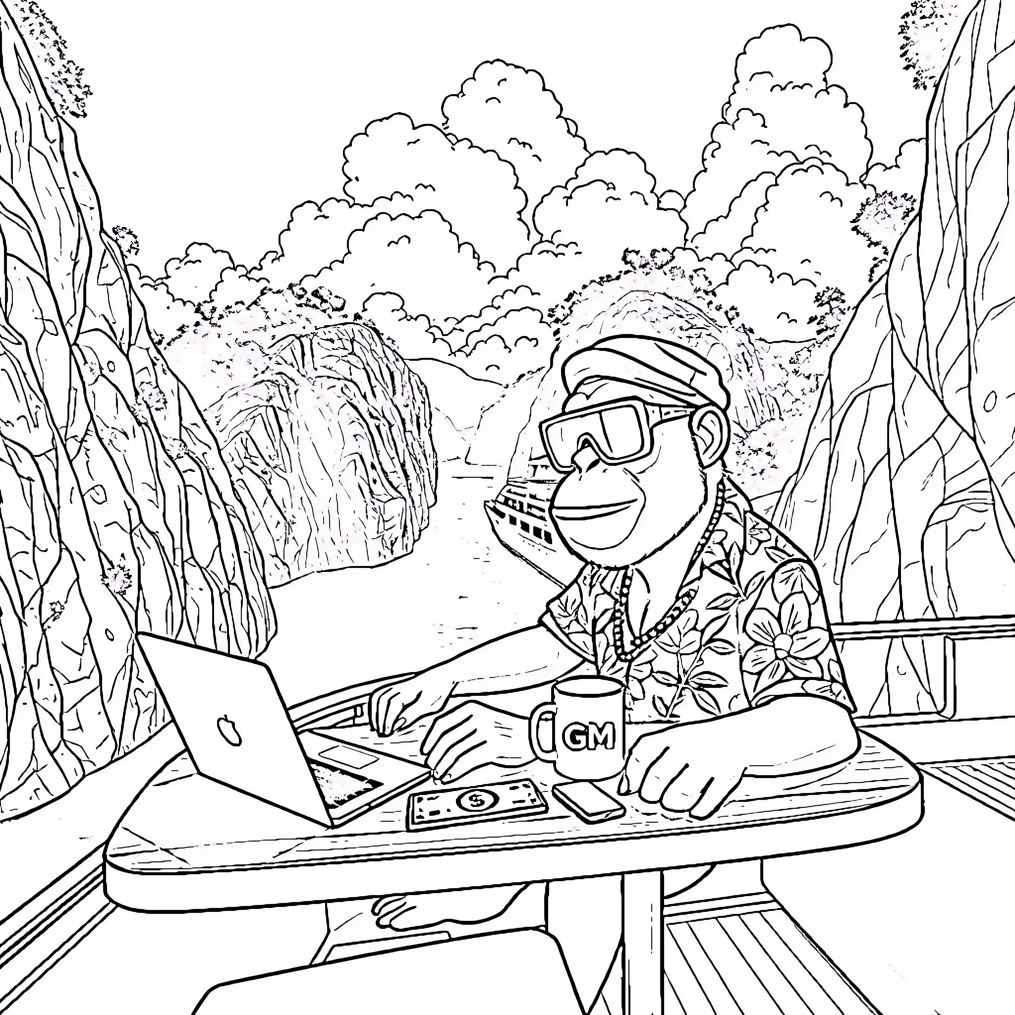 Ape working outdoors with laptop in nature Coloring Page (free black-and-white line drawing printable PDF for all, from beginners to advanced learners, including children, teens, adults, and seniors)