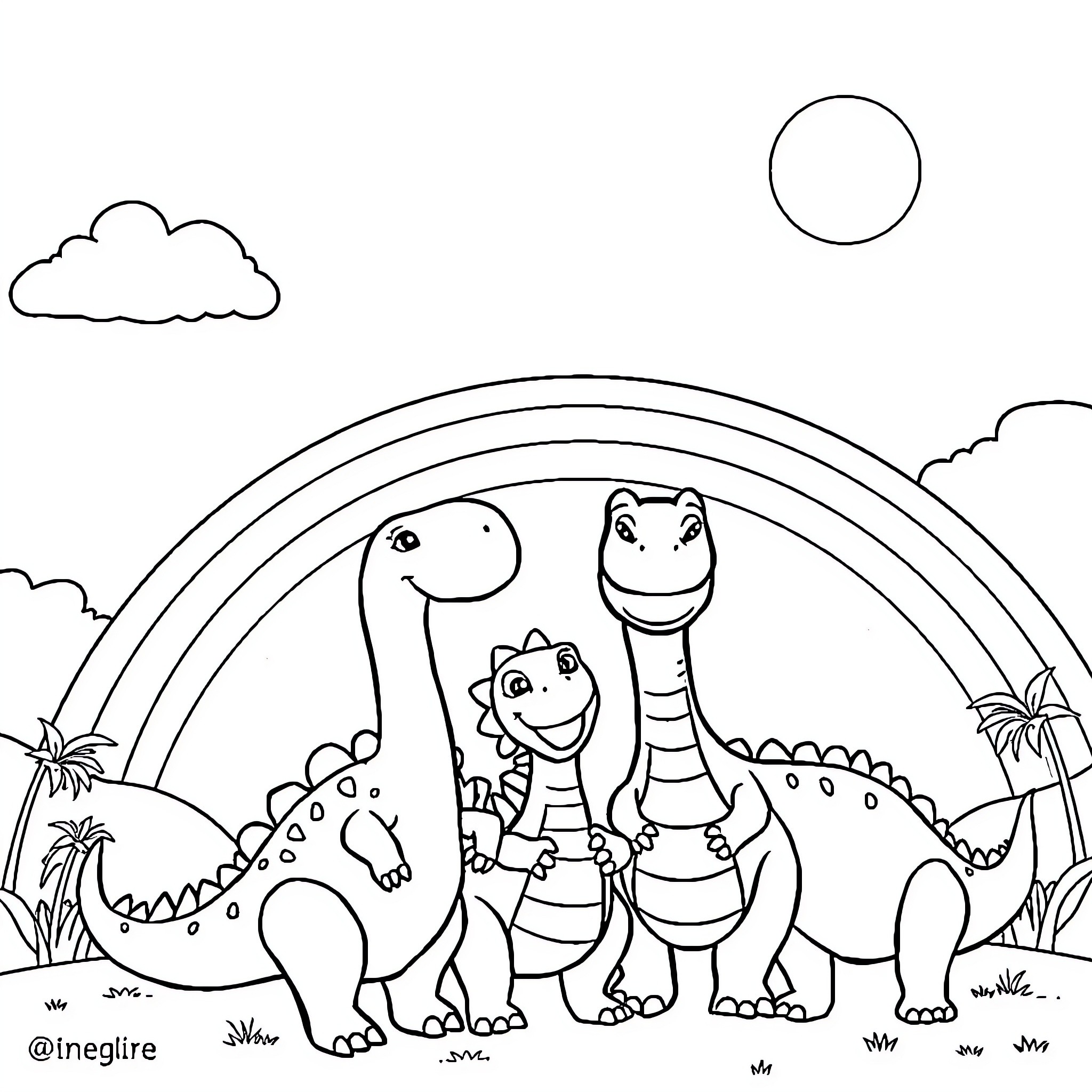 Dinosaurs playing happily in the tropical scene Coloring Page (free black-and-white line drawing printable PDF for all, from beginners to advanced learners, including children, teens, adults, and seniors)