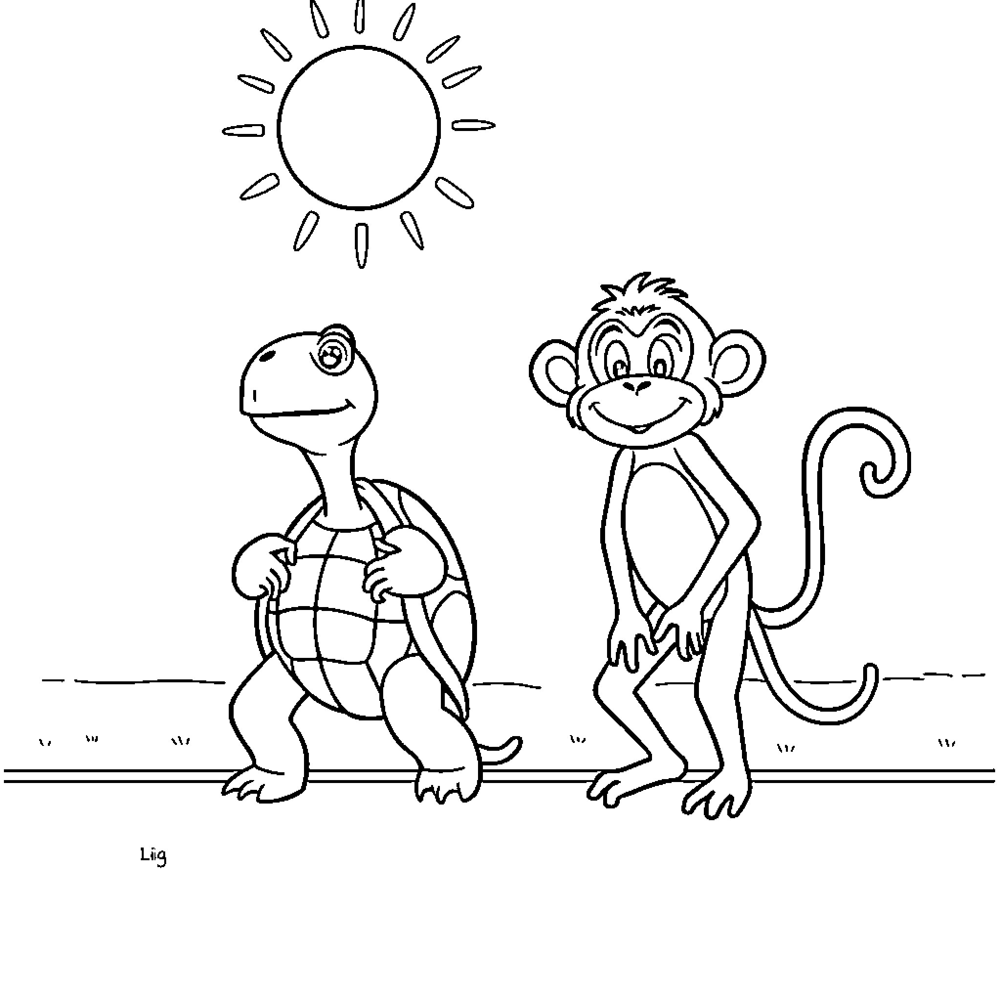 Tortoise and monkey strolling under the sun Coloring Page (free black-and-white line drawing printable PDF for all, from beginners to advanced learners, including children, teens, adults, and seniors)