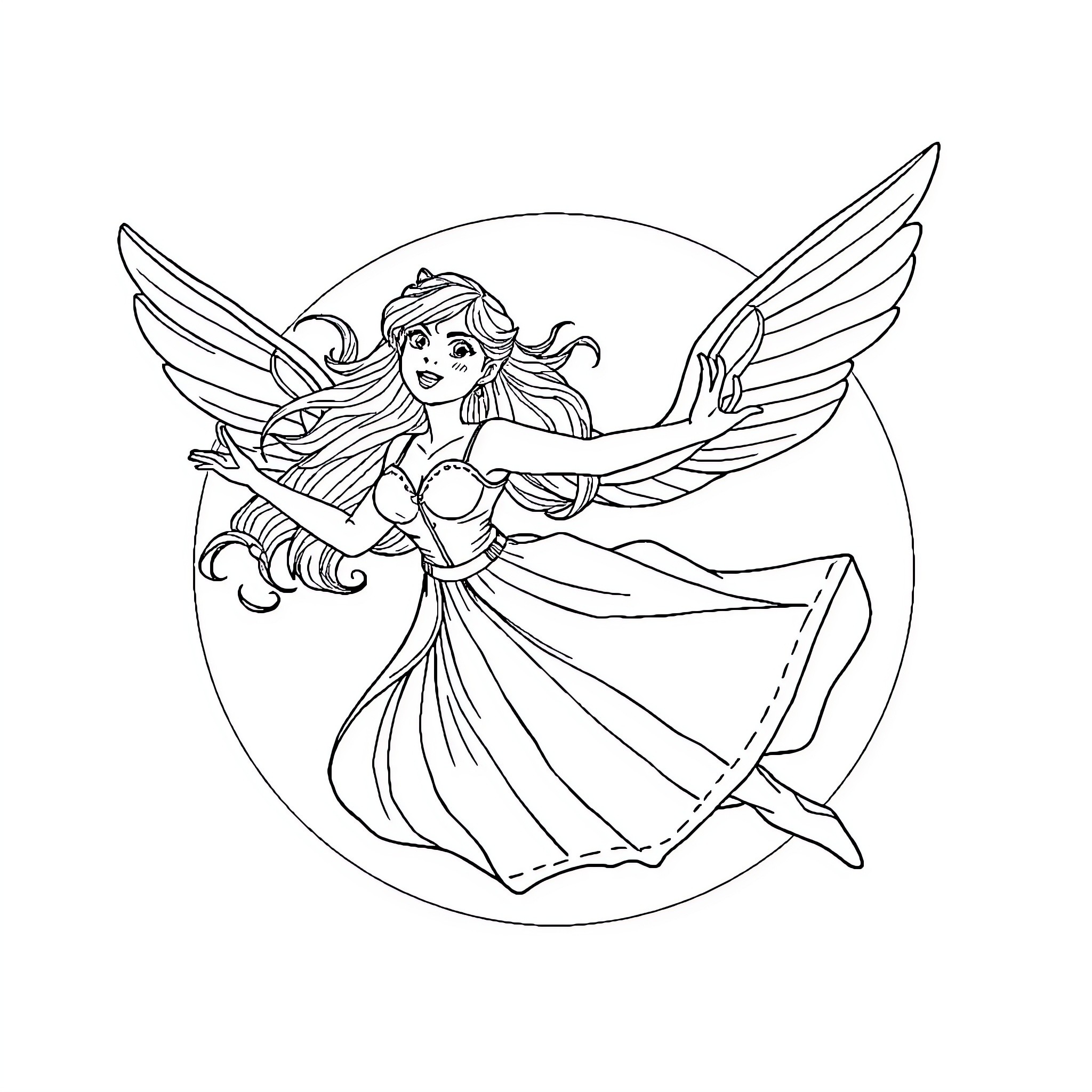 Alicia, the Winged Warrior in Flight Coloring Page (free black-and-white line drawing printable PDF for all, from beginners to advanced learners, including children, teens, adults, and seniors)