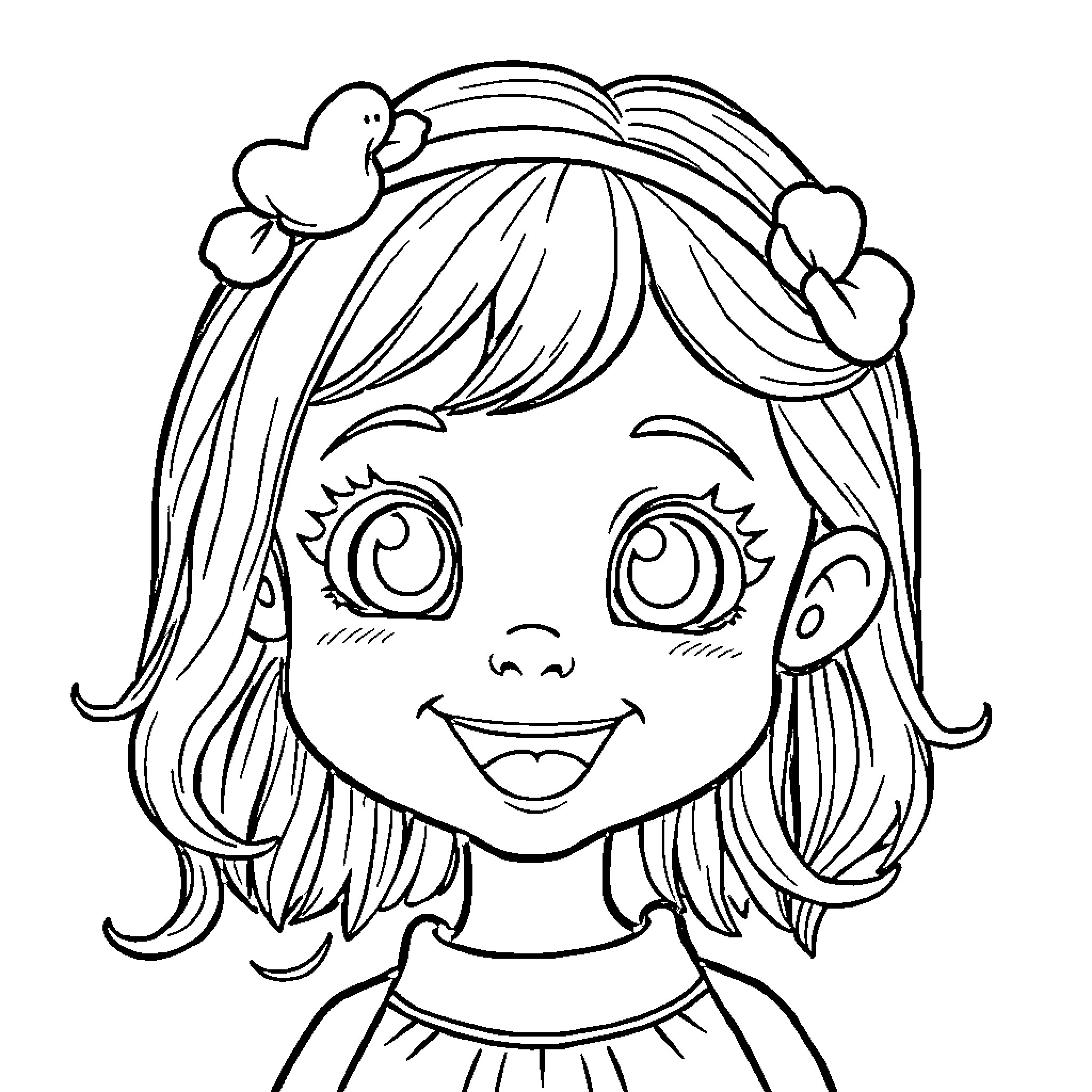Mignonne's Charming Smile and Whimsical Hairstyle Coloring Page (free black-and-white line drawing printable PDF for all, from beginners to advanced learners, including children, teens, adults, and seniors)
