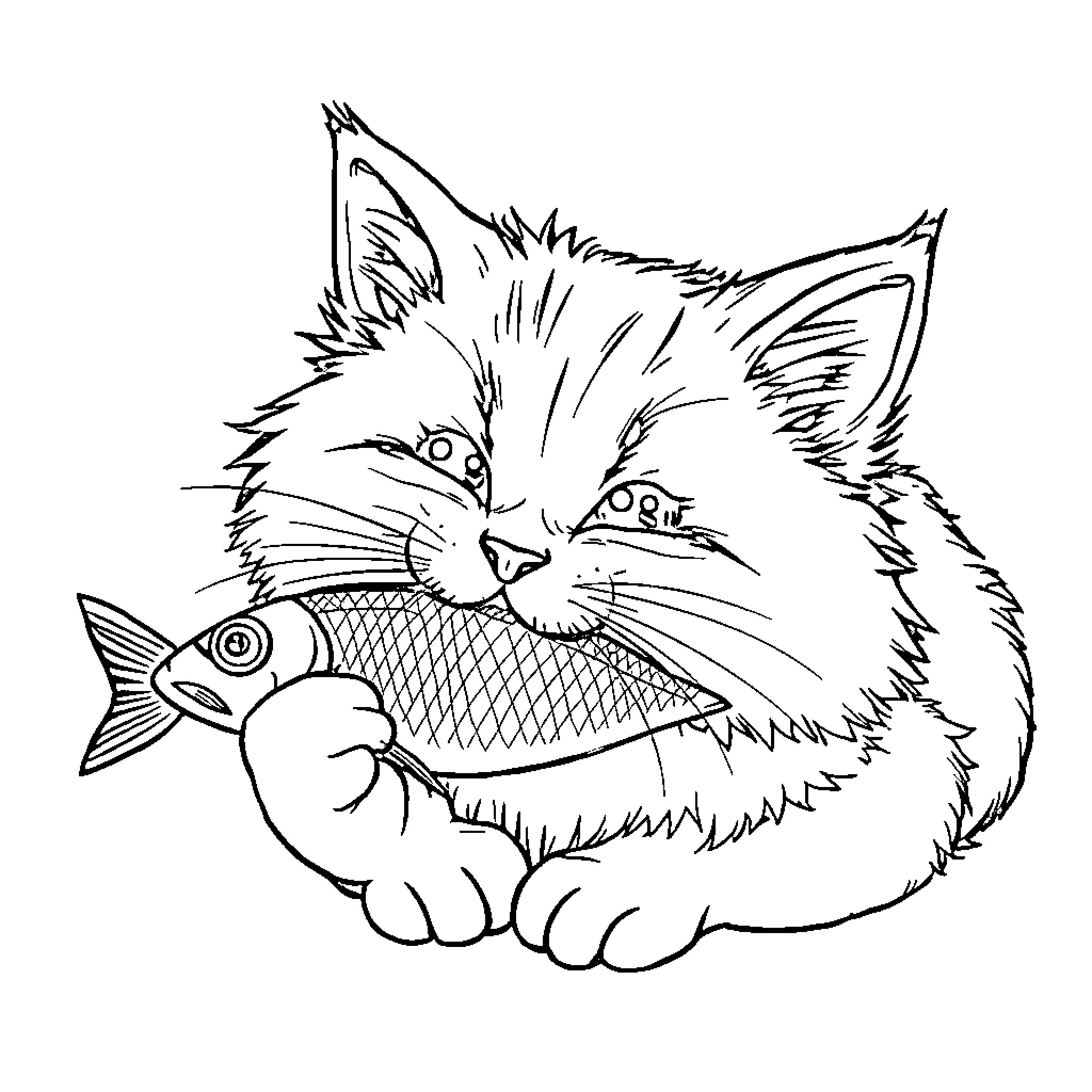 Cat catching a fish Coloring Page (free black-and-white line drawing printable PDF for all, from beginners to advanced learners, including children, teens, adults, and seniors)