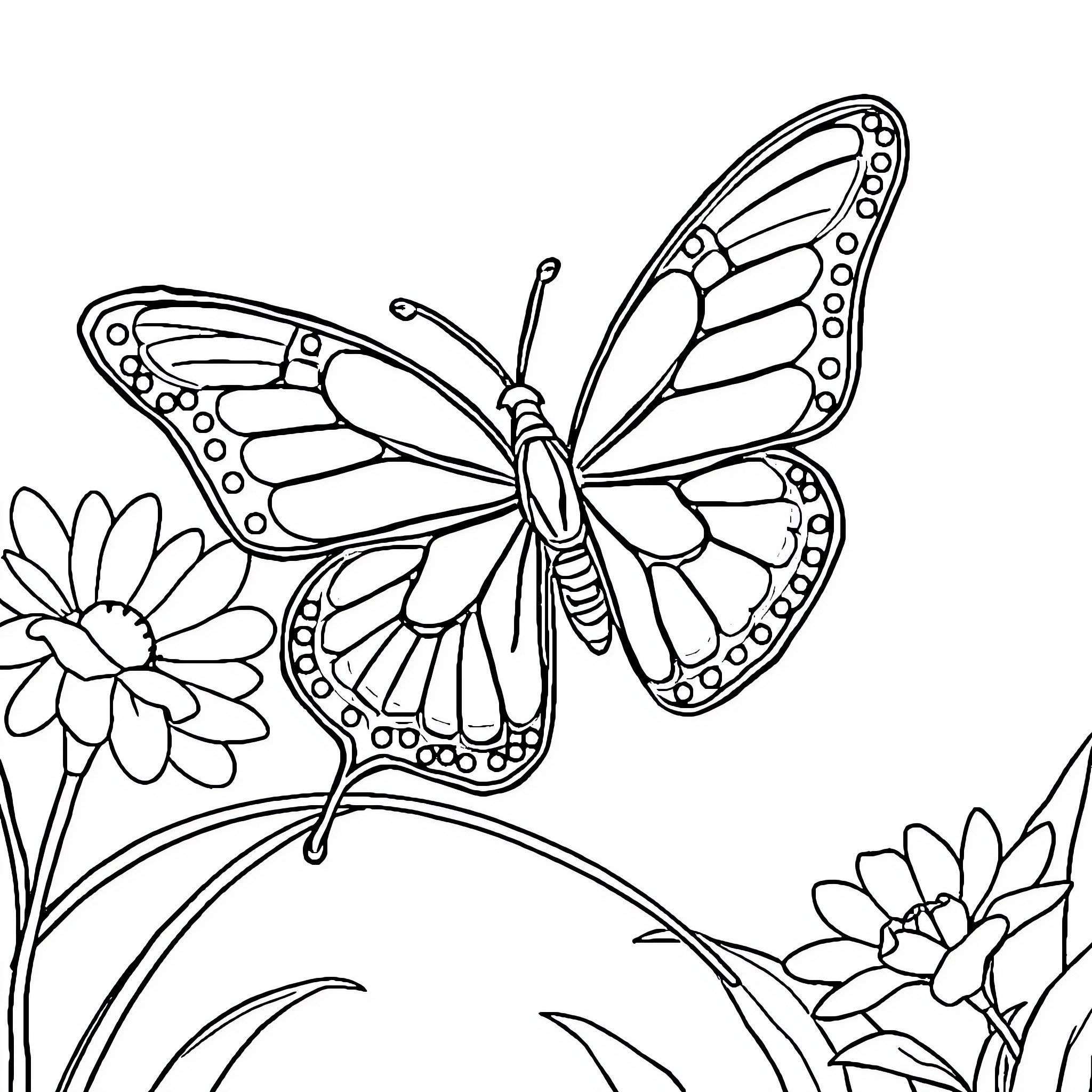 Butterfly amid floral scene Coloring Page (free black-and-white line drawing printable PDF for all, from beginners to advanced learners, including children, teens, adults, and seniors)