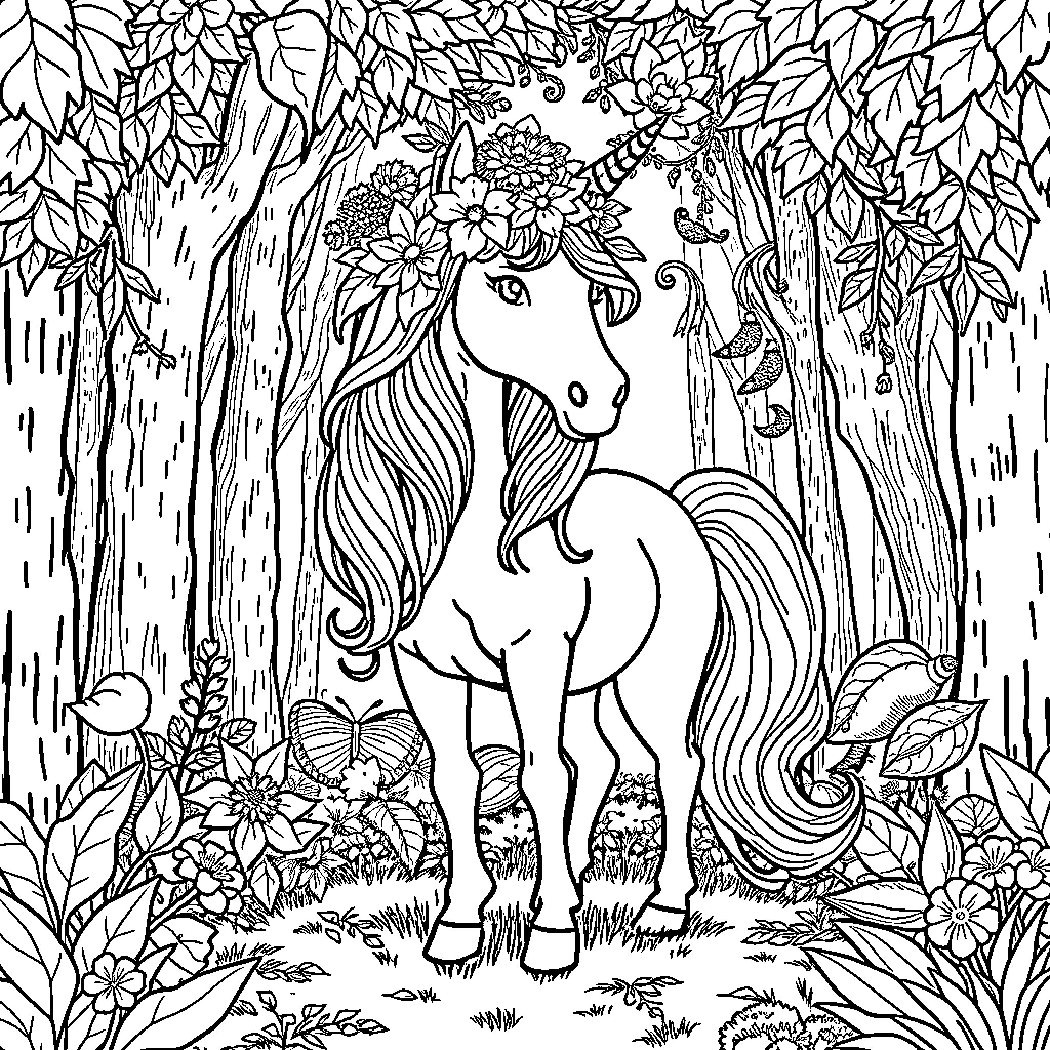 Unicorn standing amidst a floral forest Coloring Page (free black-and-white line drawing printable PDF for all, from beginners to advanced learners, including children, teens, adults, and seniors)