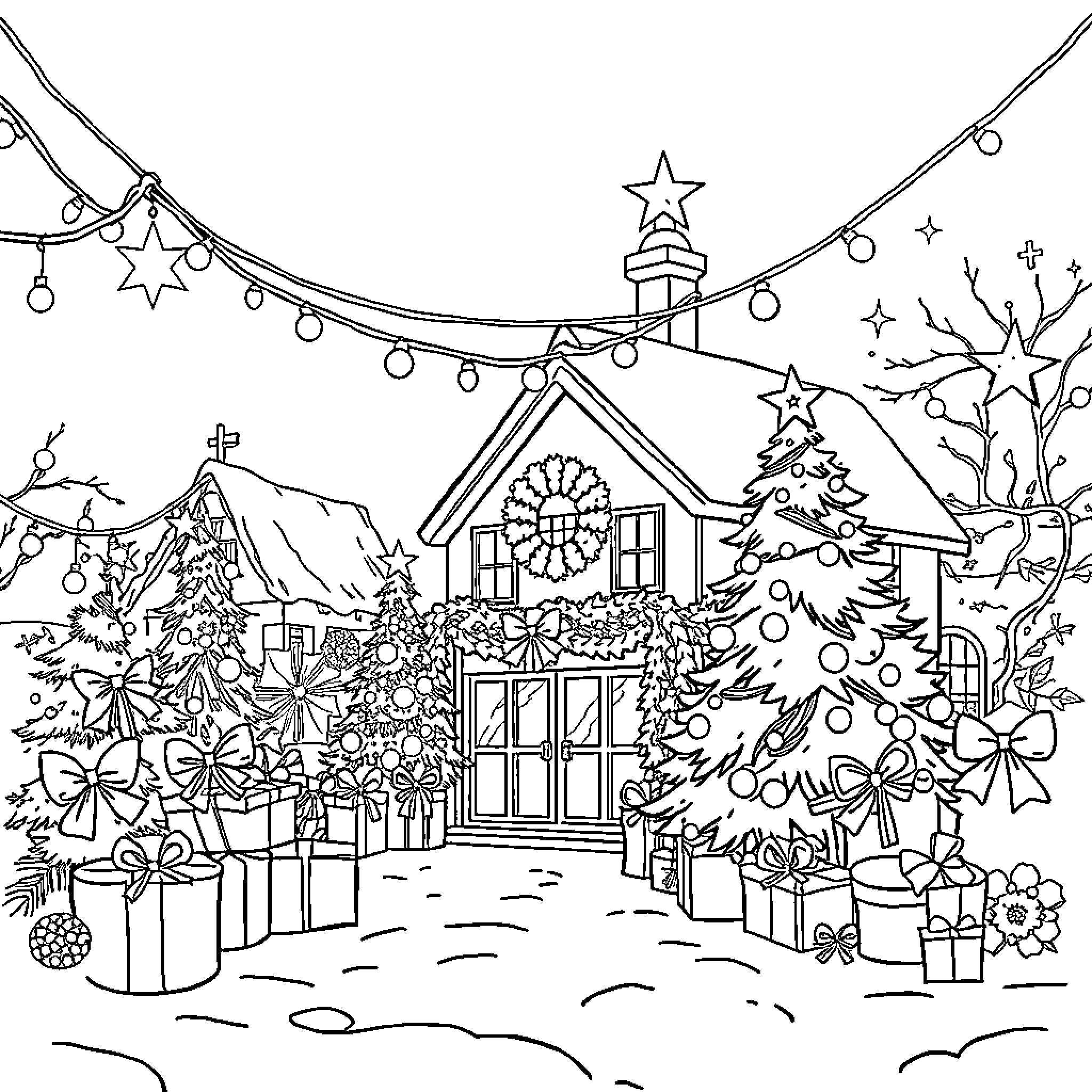 Christmas Decorations and Gifts in a Cozy Cottage Scene Coloring Page (free black-and-white line drawing printable PDF for all, from beginners to advanced learners, including children, teens, adults, and seniors)