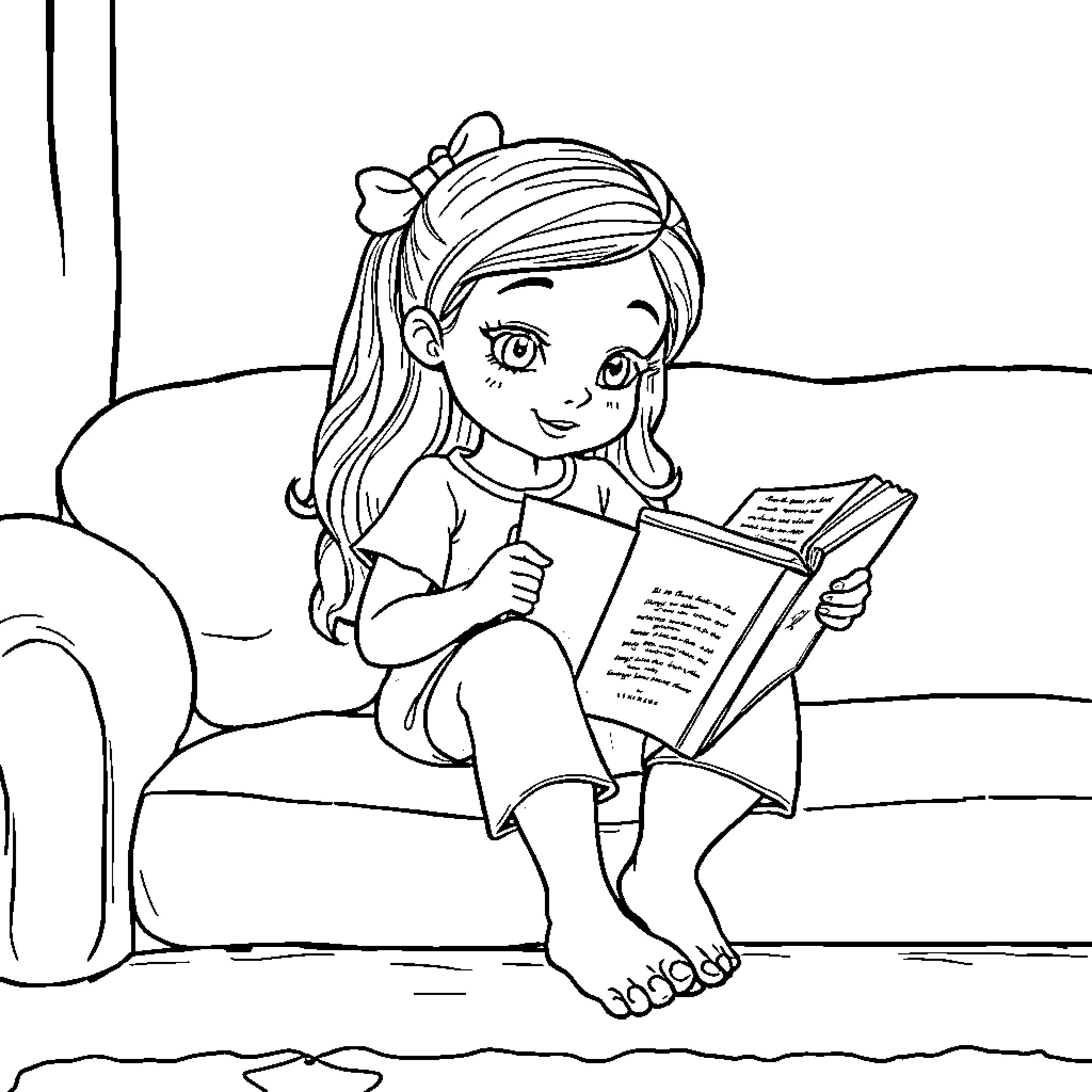 Bluey reading a book on the couch Coloring Page (free black-and-white line drawing printable PDF for all, from beginners to advanced learners, including children, teens, adults, and seniors)