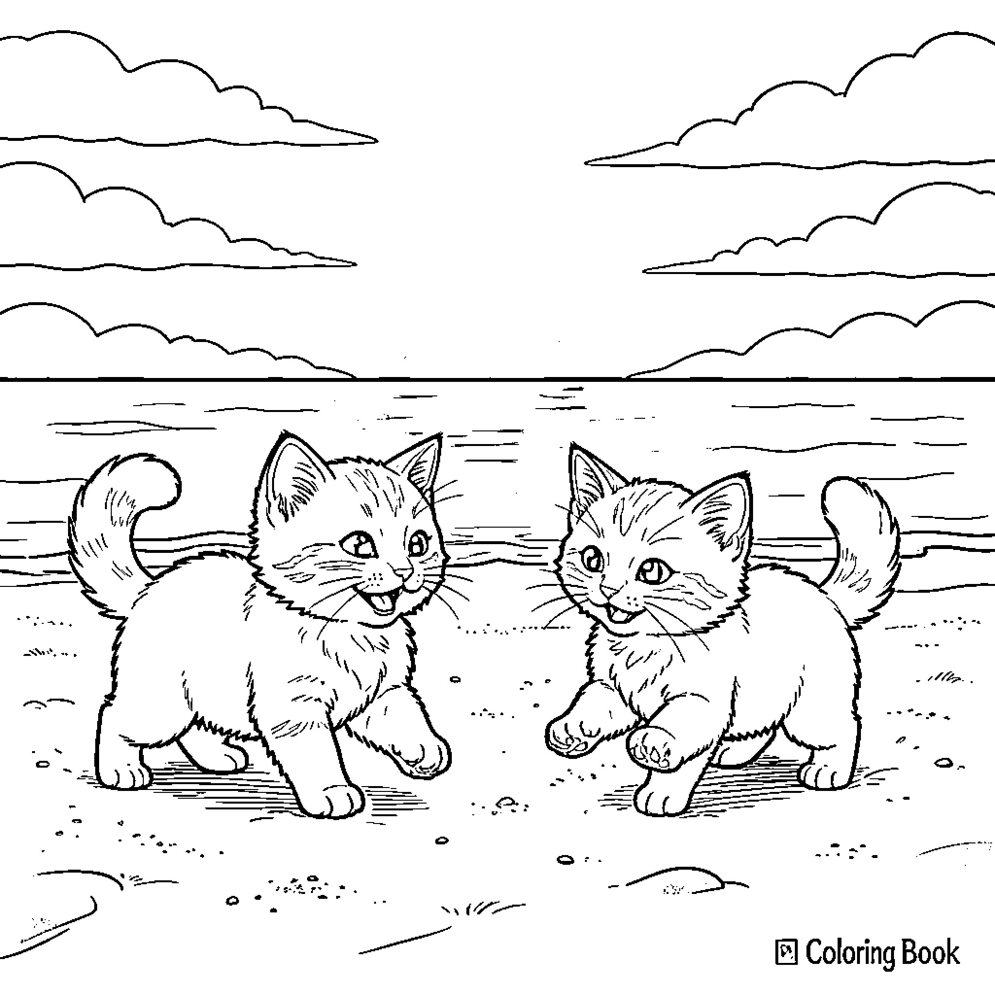 Kitten companions playing on the beach Coloring Page (free black-and-white line drawing printable PDF for all, from beginners to advanced learners, including children, teens, adults, and seniors)