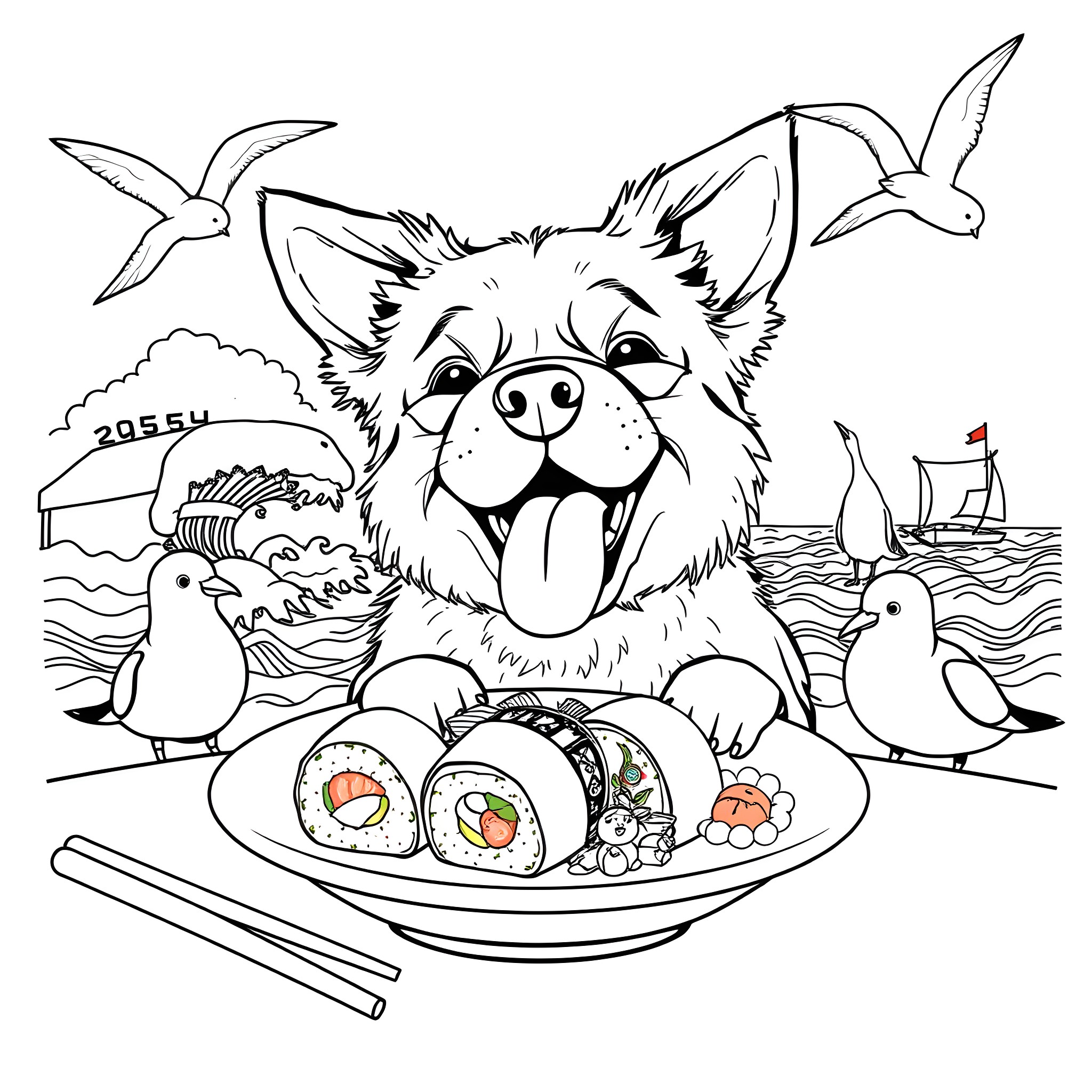 Dog enjoying sushi with seagulls in the background Coloring Page (free black-and-white line drawing printable PDF for all, from beginners to advanced learners, including children, teens, adults, and seniors)