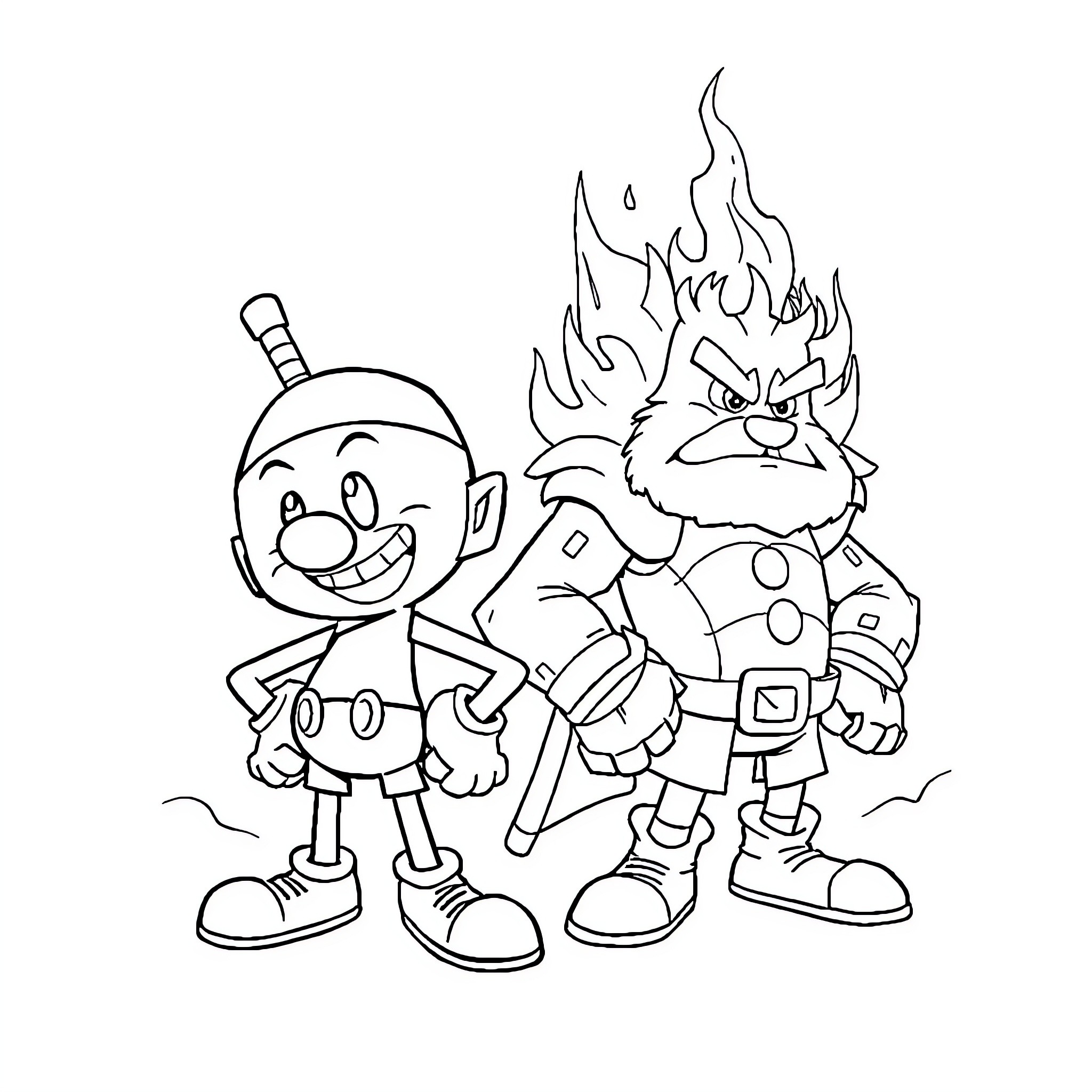 Cuphead and Mugman's Fiery Adventure Coloring Page (free black-and-white line drawing printable PDF for all, from beginners to advanced learners, including children, teens, adults, and seniors)