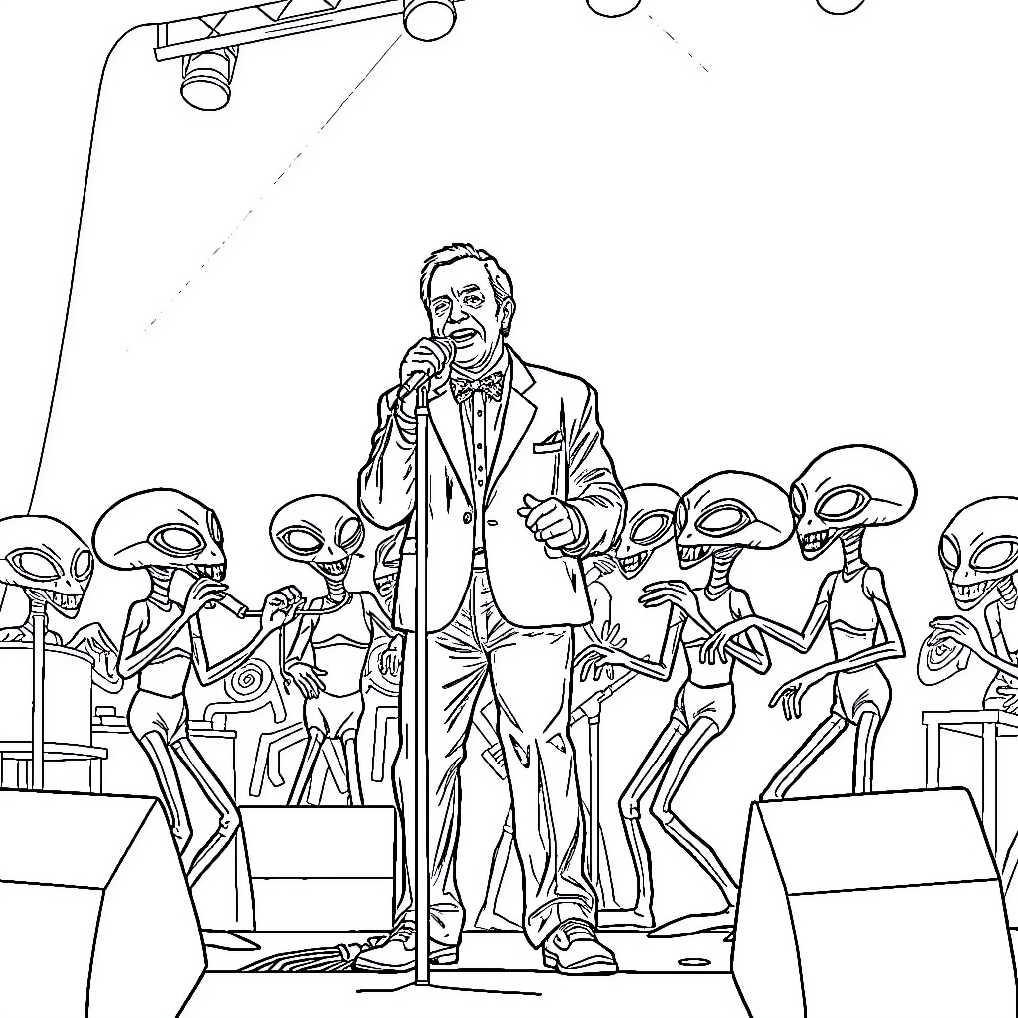Billy Joel performing on stage with alien backup dancers Coloring Page (free black-and-white line drawing printable PDF for all, from beginners to advanced learners, including children, teens, adults, and seniors)