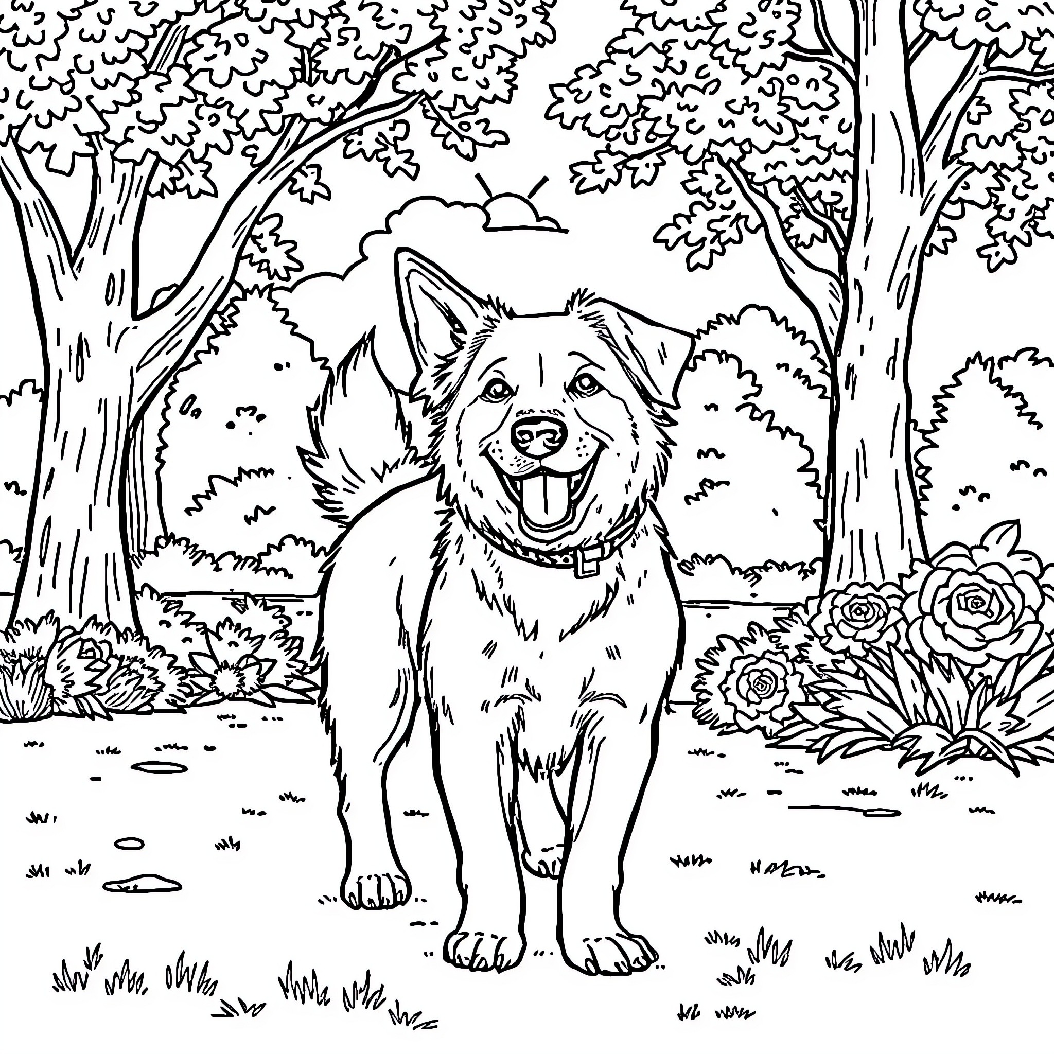 Dog enjoying nature in the forest Coloring Page (free black-and-white line drawing printable PDF for all, from beginners to advanced learners, including children, teens, adults, and seniors)