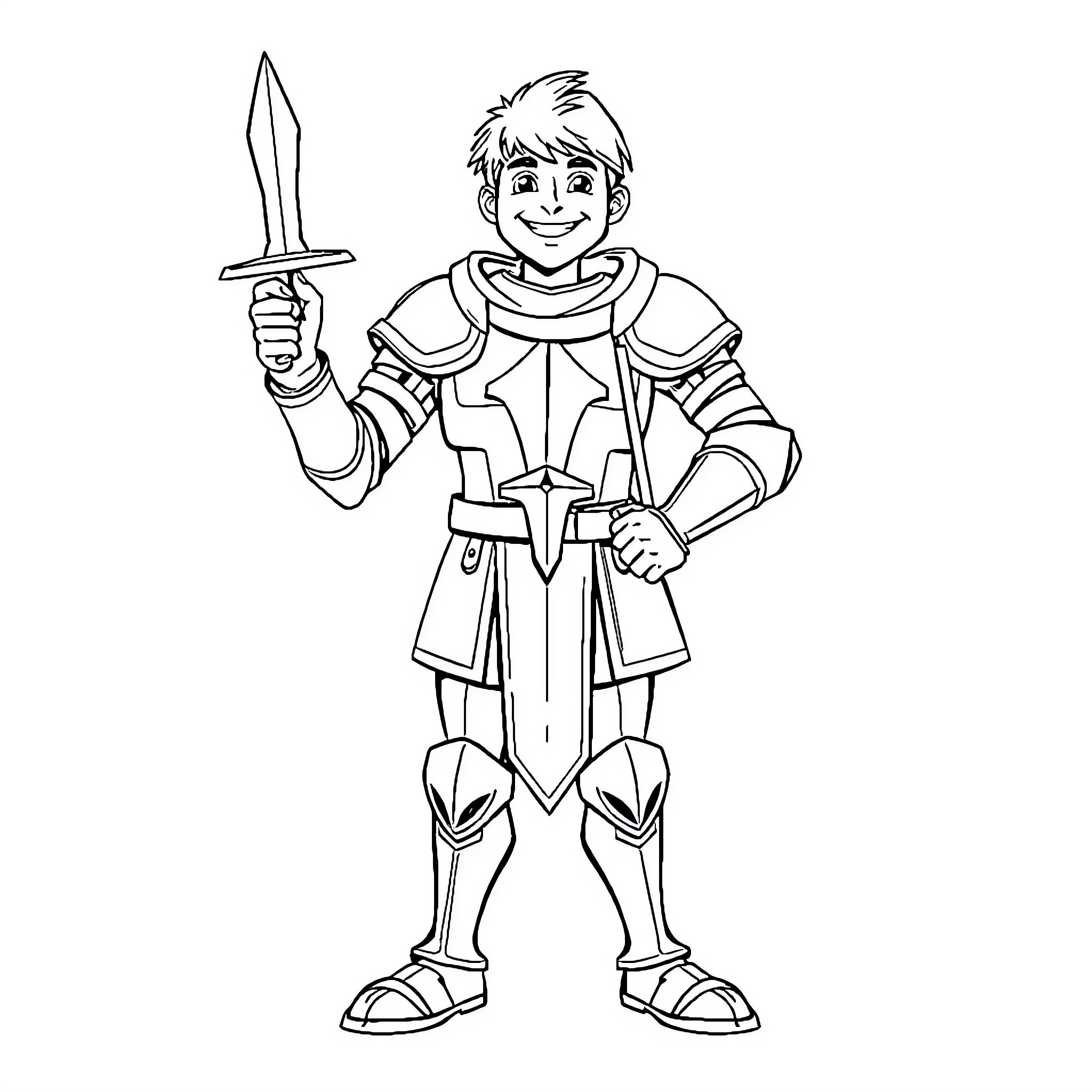 Sterling Knight in heroic knight's armor and sword Coloring Page (free black-and-white line drawing printable PDF for all, from beginners to advanced learners, including children, teens, adults, and seniors)