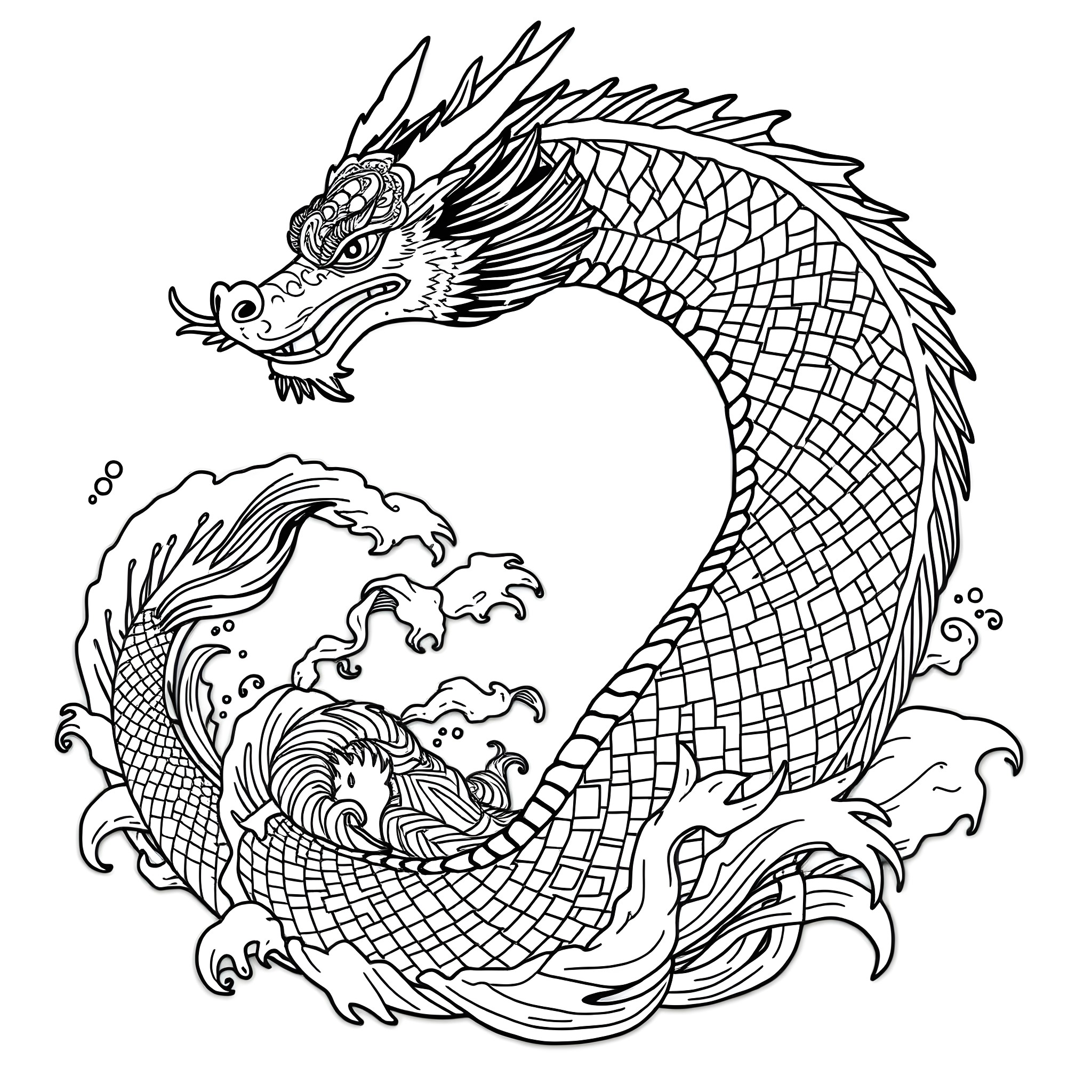 Sea Dragon Soaring through Waves Coloring Page (free black-and-white line drawing printable PDF for all, from beginners to advanced learners, including children, teens, adults, and seniors)