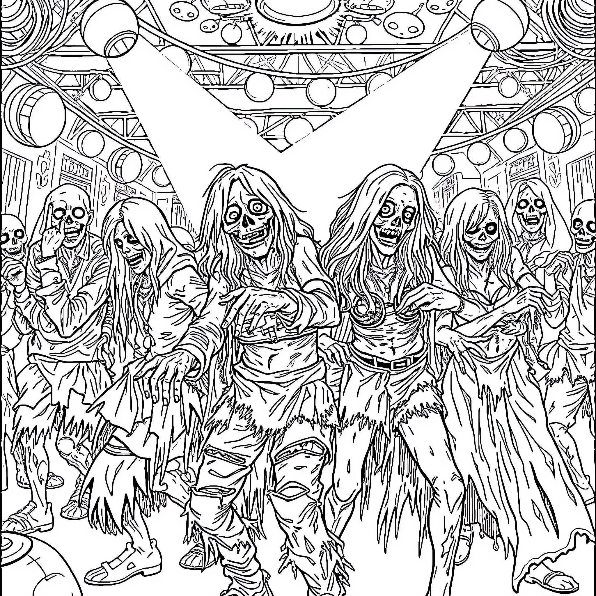 Zombie Horde Gathering in Surreal Otherworldly Scene Coloring Page (free black-and-white line drawing printable PDF for all, from beginners to advanced learners, including children, teens, adults, and seniors)