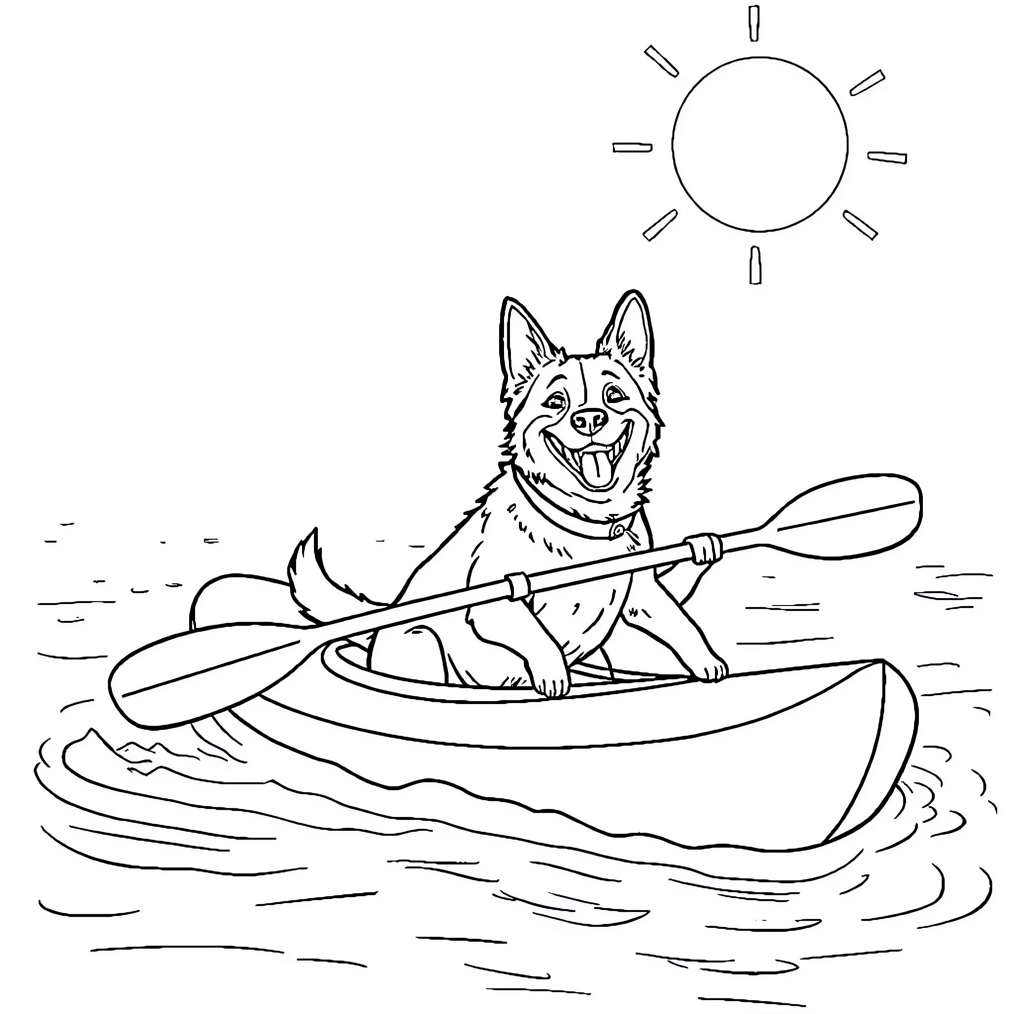 Dog enjoying a sunny day kayaking on the water Coloring Page (free black-and-white line drawing printable PDF for all, from beginners to advanced learners, including children, teens, adults, and seniors)