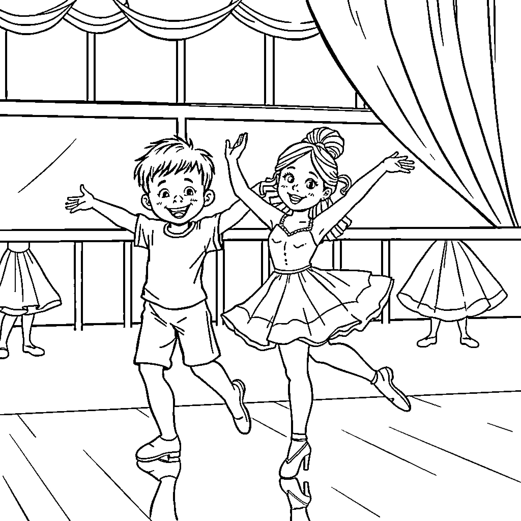 Child dancers performing on stage Coloring Page (free black-and-white line drawing printable PDF for all, from beginners to advanced learners, including children, teens, adults, and seniors)