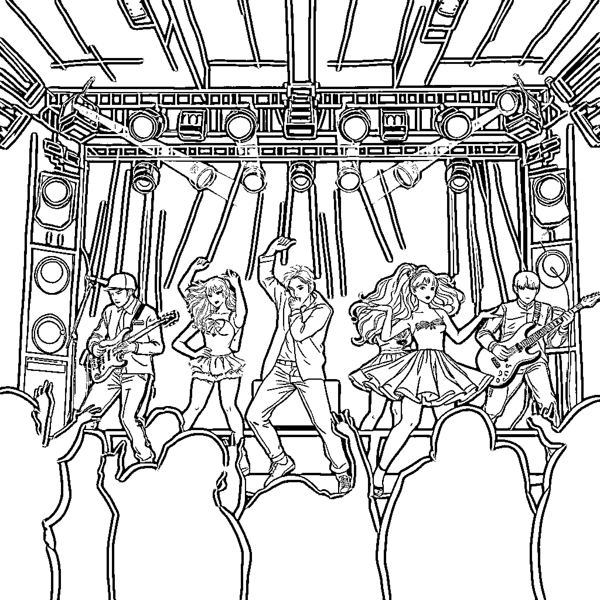 K Pop Music Band Performing on Stage Coloring Page (free black-and-white line drawing printable PDF for all, from beginners to advanced learners, including children, teens, adults, and seniors)
