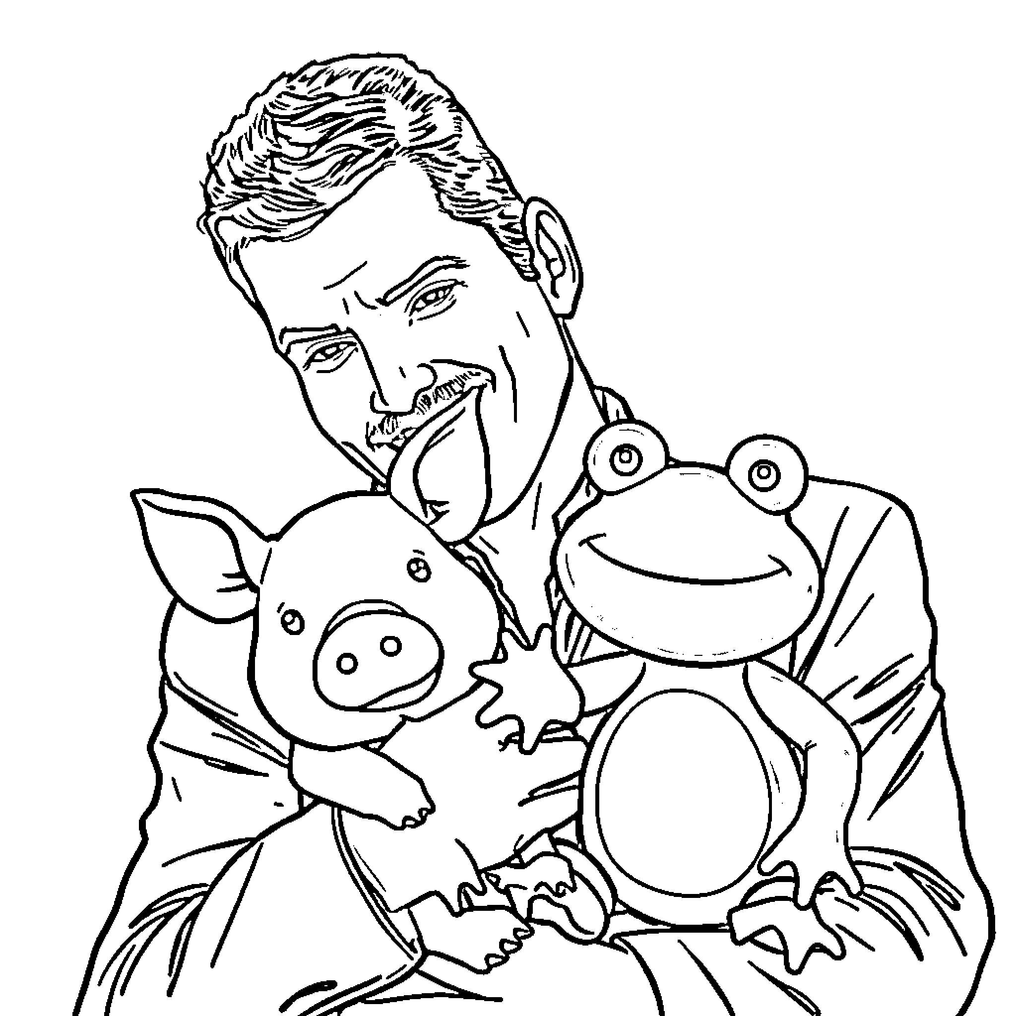 Freddie Mercury embraces playful animal friends Coloring Page (free black-and-white line drawing printable PDF for all, from beginners to advanced learners, including children, teens, adults, and seniors)