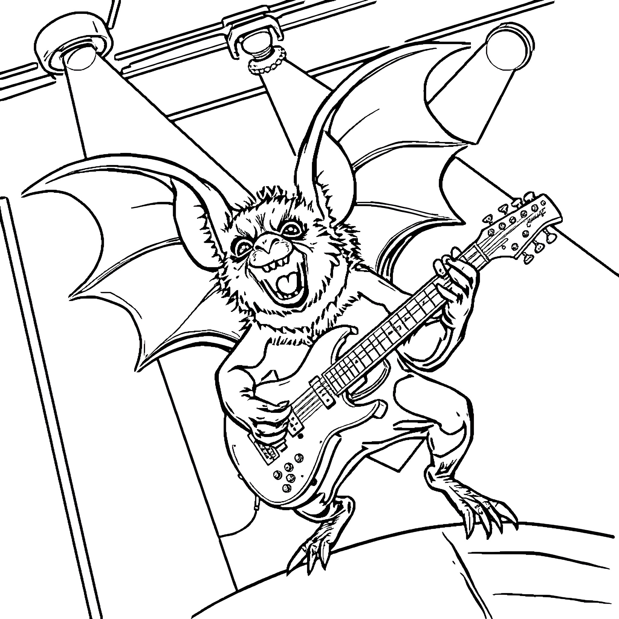 Rockstar Bat Performing on Stage with Guitar Coloring Page (free black-and-white line drawing printable PDF for all, from beginners to advanced learners, including children, teens, adults, and seniors)
