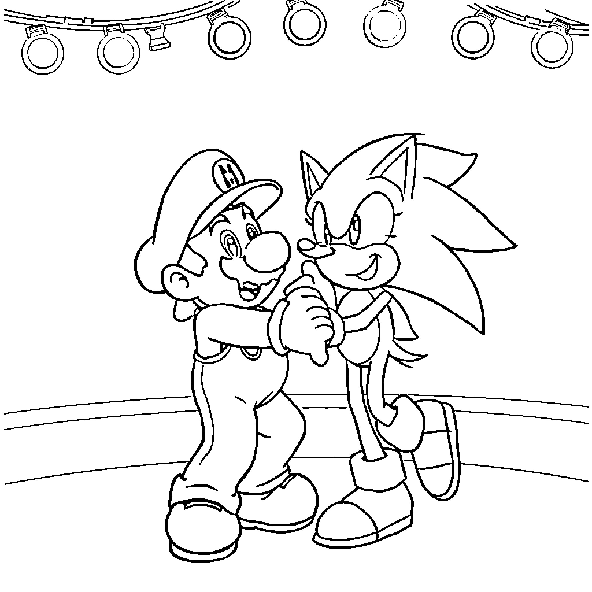 Mario and Sonic's Friendly Adventure Coloring Page (free black-and-white line drawing printable PDF for all, from beginners to advanced learners, including children, teens, adults, and seniors)