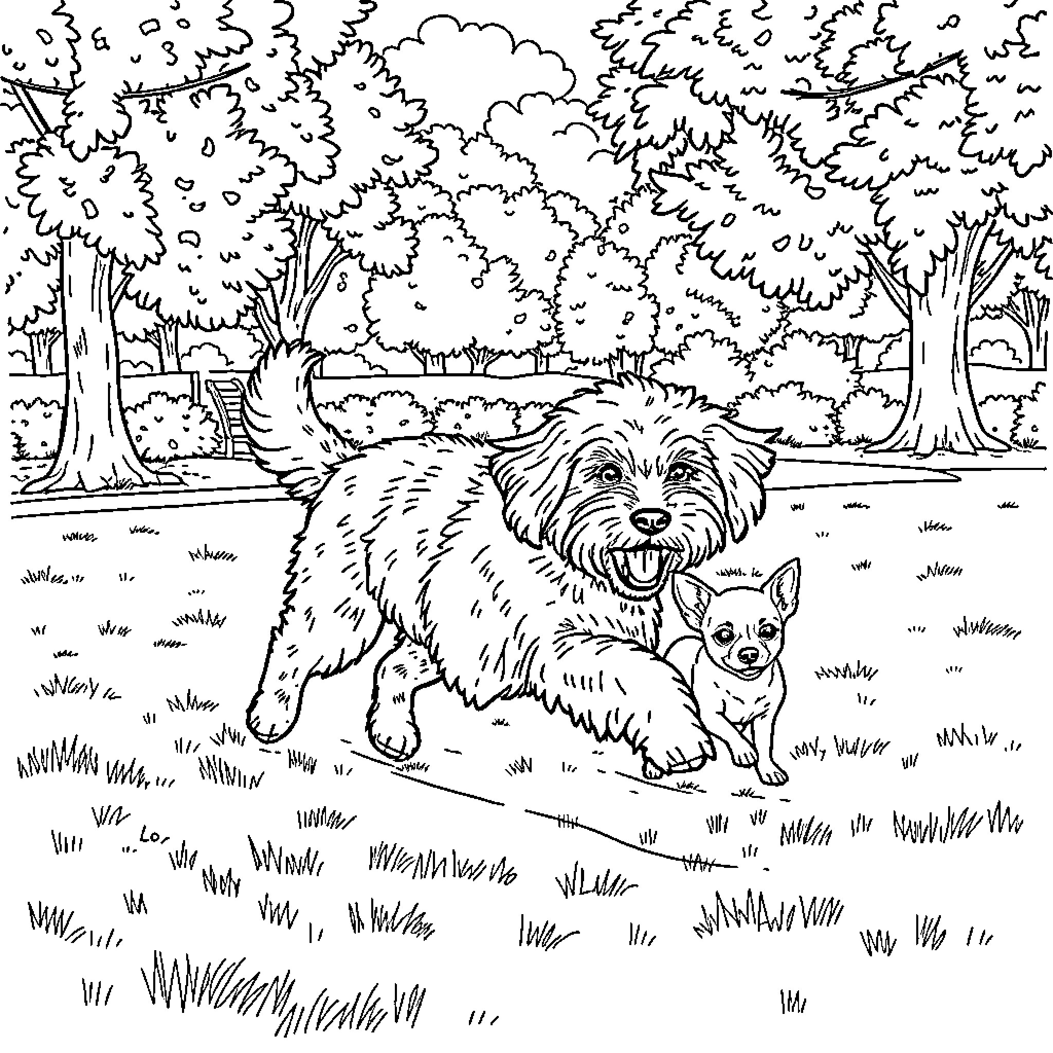 Doodle of playful dogs in a lush forest scene Coloring Page (free black-and-white line drawing printable PDF for all, from beginners to advanced learners, including children, teens, adults, and seniors)