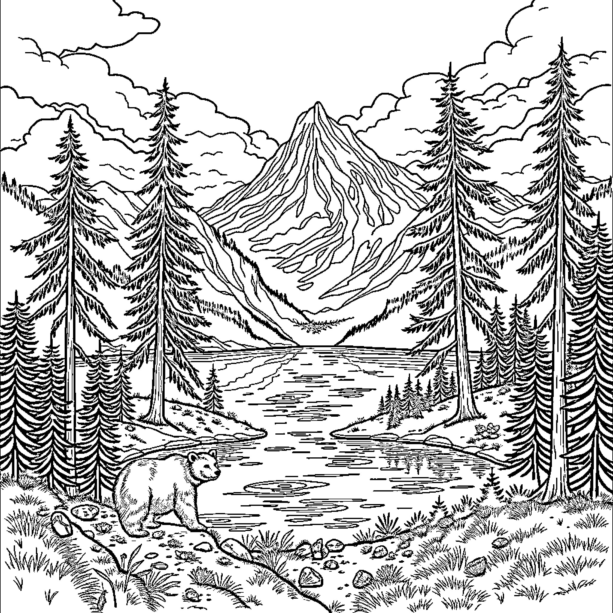 Bear in a Tranquil Mountain Landscape Coloring Page (free black-and-white line drawing printable PDF for all, from beginners to advanced learners, including children, teens, adults, and seniors)