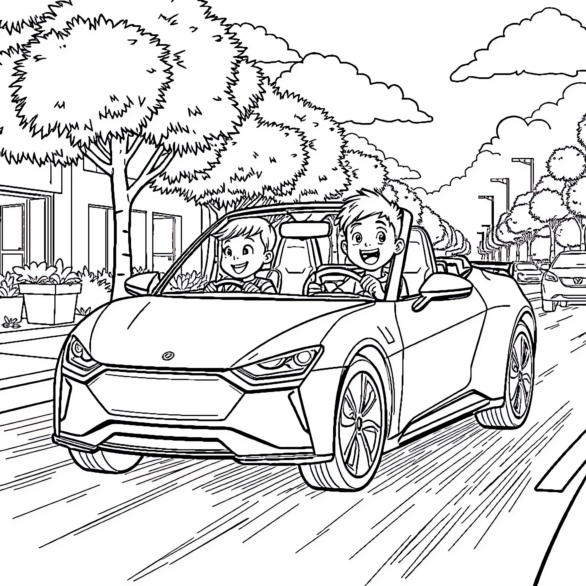 Kid driving convertible car happily on city street Coloring Page (free black-and-white line drawing printable PDF for all, from beginners to advanced learners, including children, teens, adults, and seniors)
