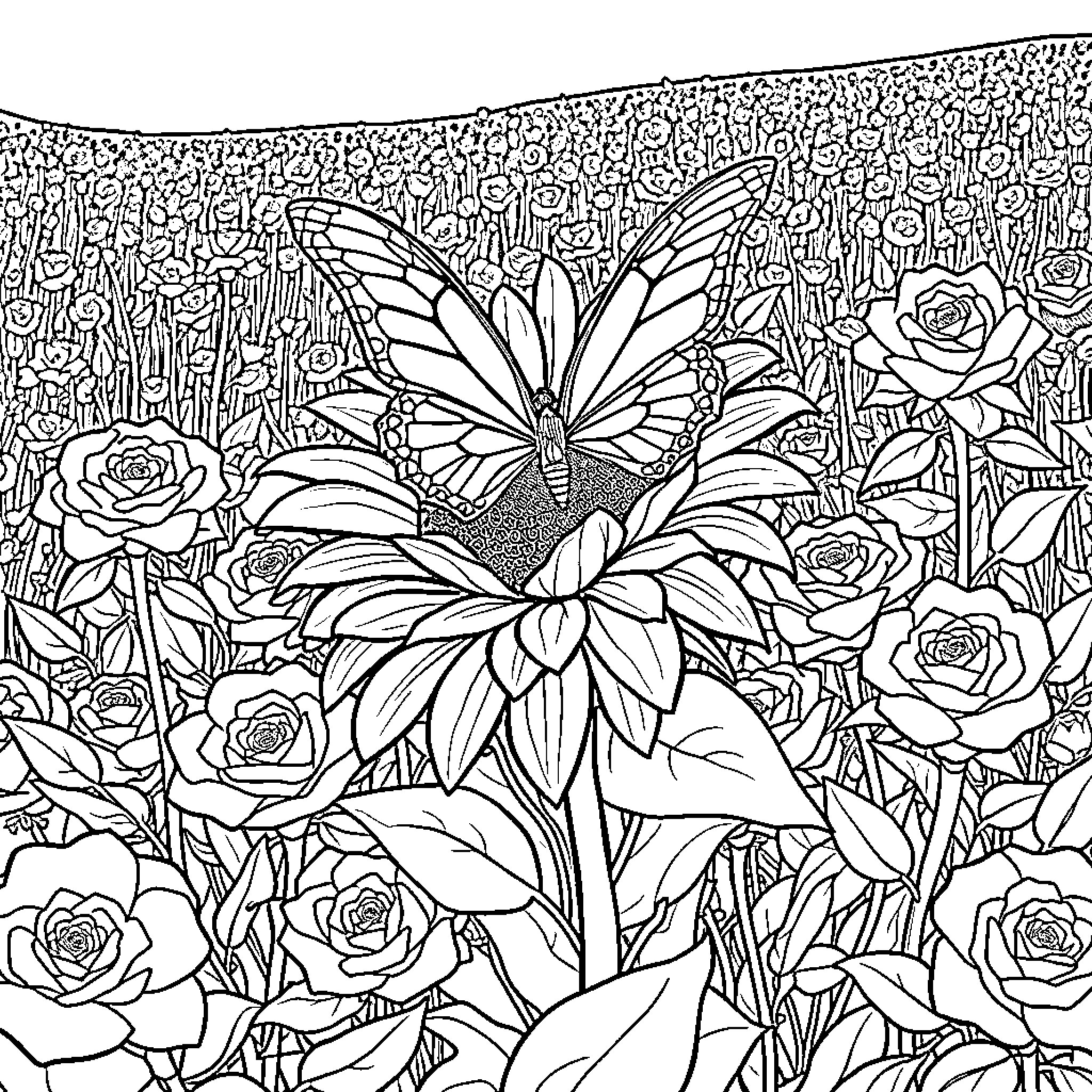 Butterfly amidst a Floral Garden Coloring Page (free black-and-white line drawing printable PDF for all, from beginners to advanced learners, including children, teens, adults, and seniors)
