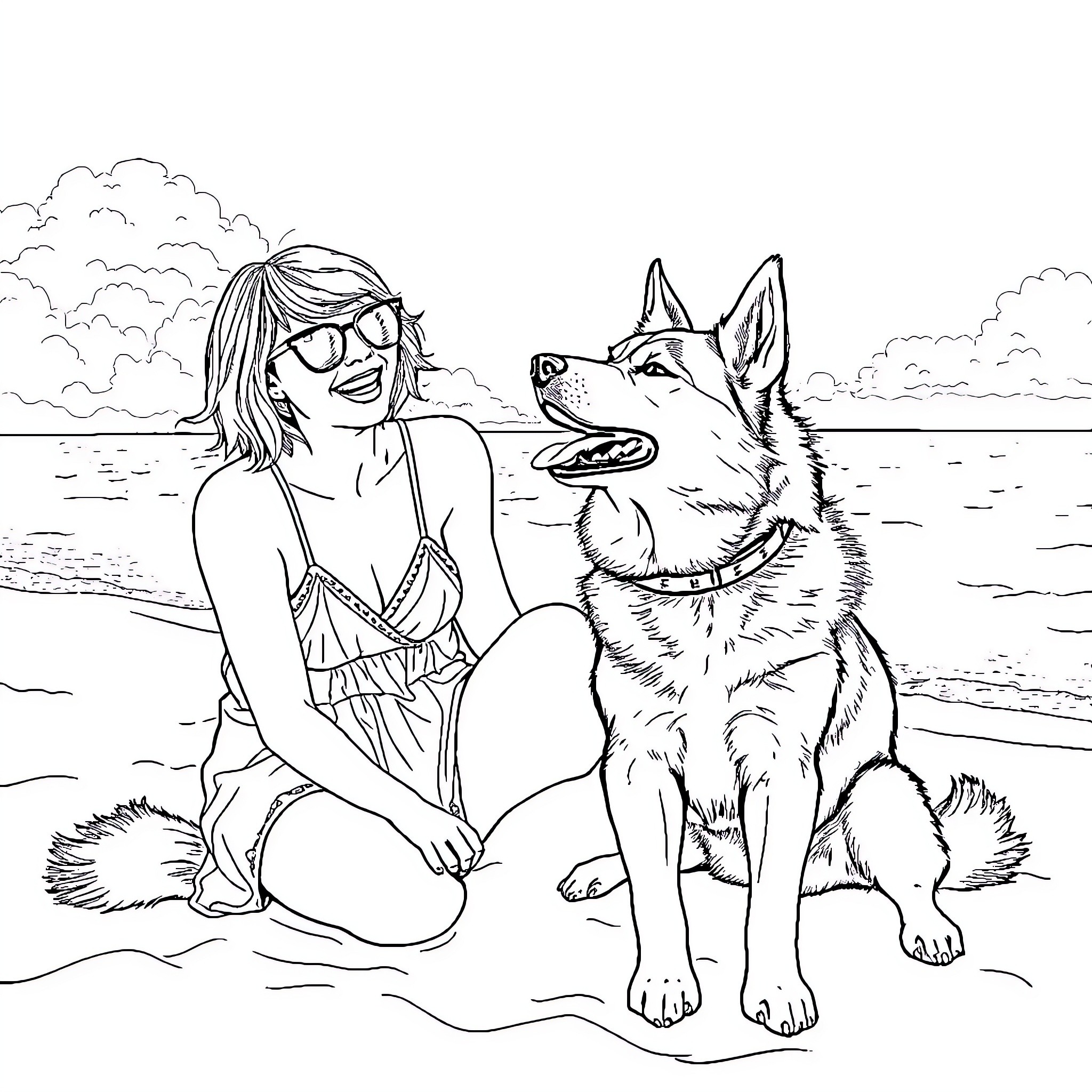 Taylor Swift enjoying the beach with her dog Coloring Page (free black-and-white line drawing printable PDF for all, from beginners to advanced learners, including children, teens, adults, and seniors)