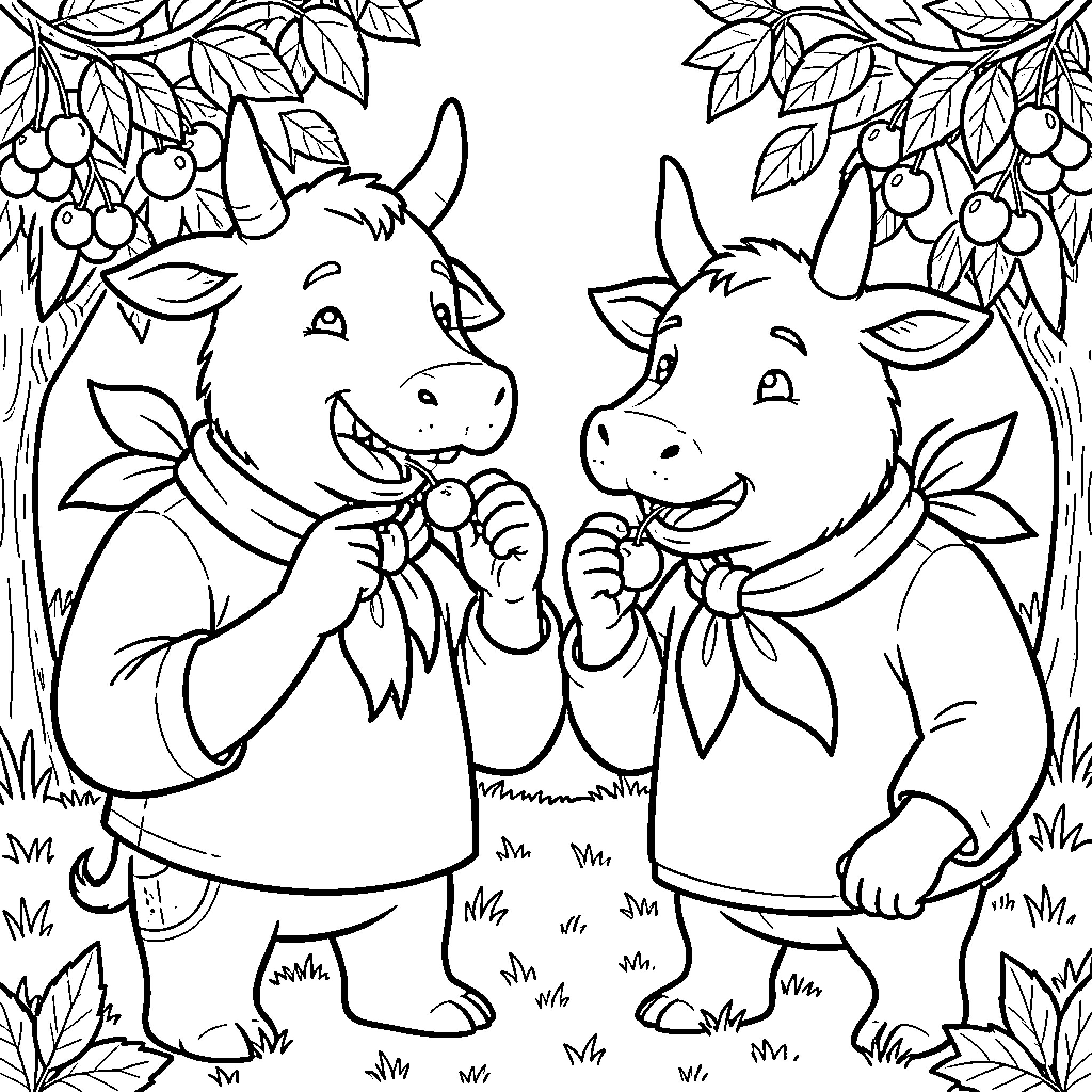 Toro characters eating berries in a garden scene Coloring Page (free black-and-white line drawing printable PDF for all, from beginners to advanced learners, including children, teens, adults, and seniors)