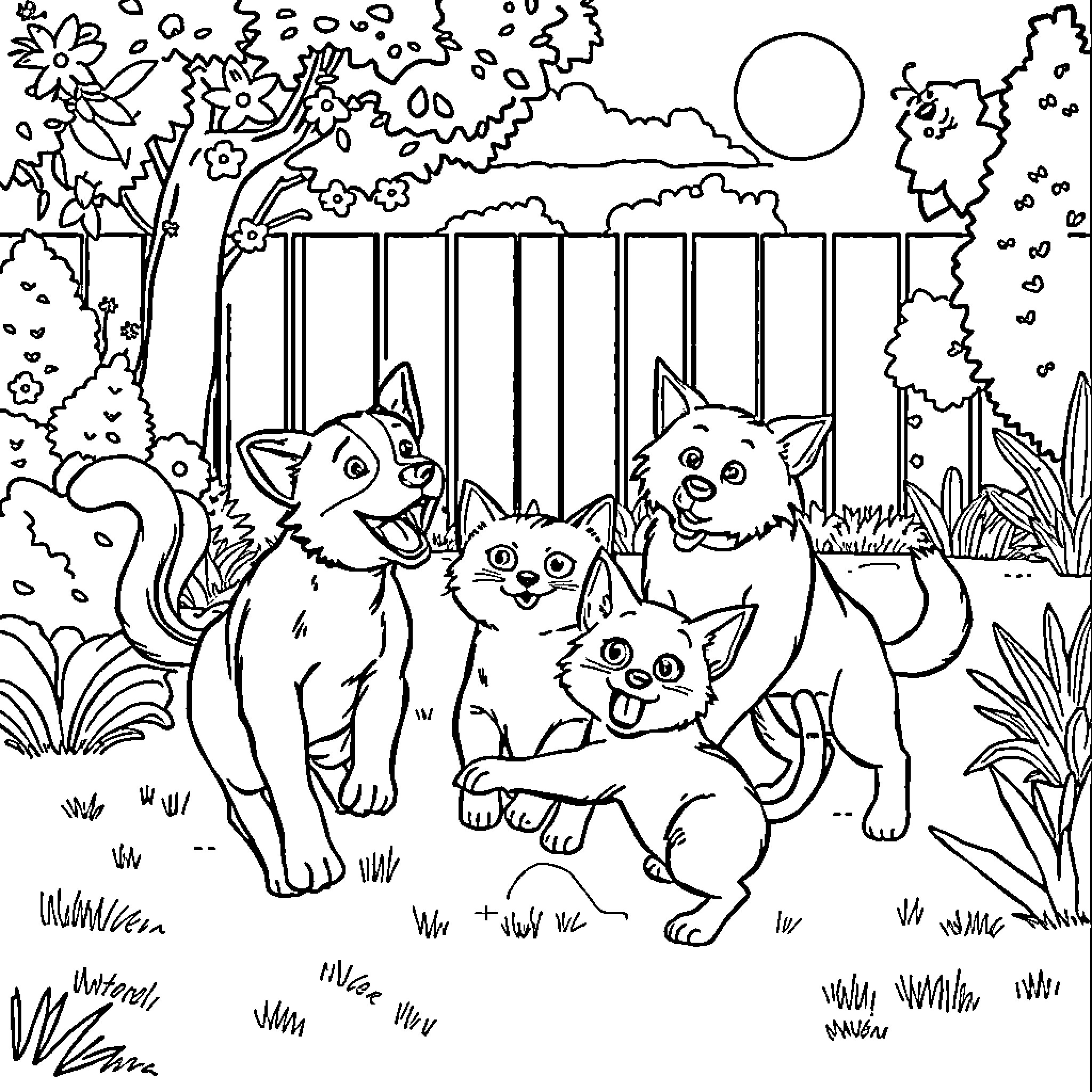 Cat and Dog Playing Together in the Backyard Coloring Page (free black-and-white line drawing printable PDF for all, from beginners to advanced learners, including children, teens, adults, and seniors)