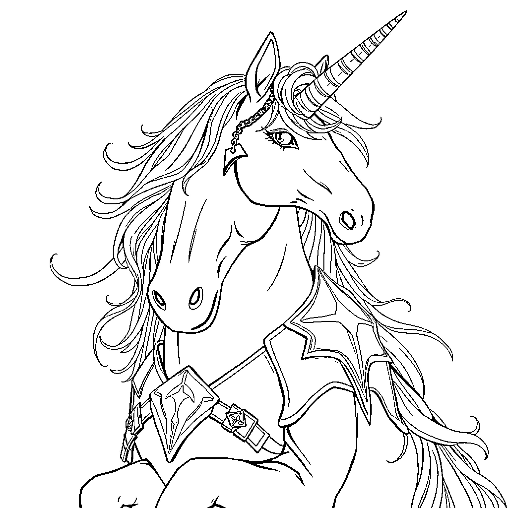 Unicorn with Enchanted Attire and Magical Accessories Coloring Page (free black-and-white line drawing printable PDF for all, from beginners to advanced learners, including children, teens, adults, and seniors)