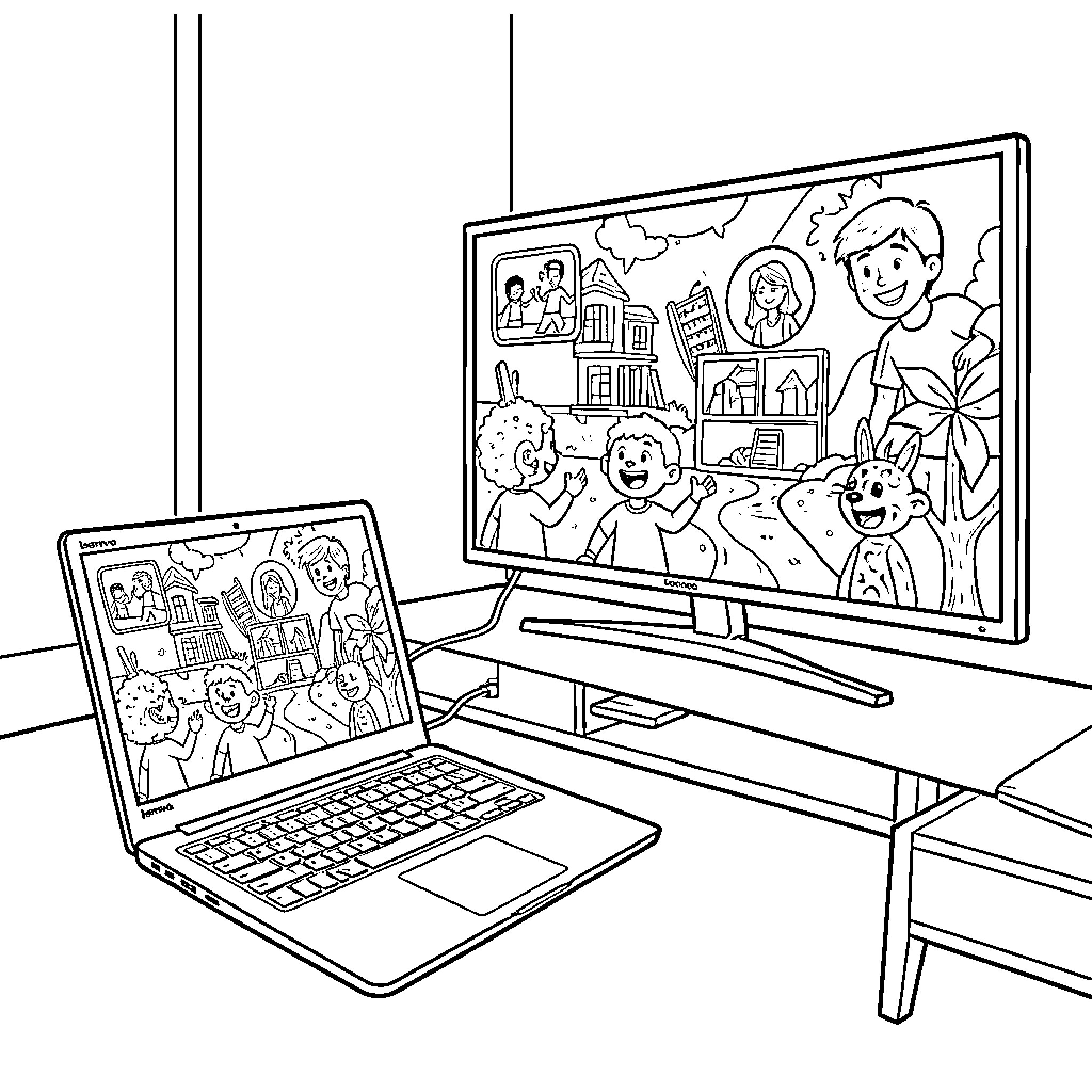 Laptop displaying cartoon characters on television Coloring Page (free black-and-white line drawing printable PDF for all, from beginners to advanced learners, including children, teens, adults, and seniors)