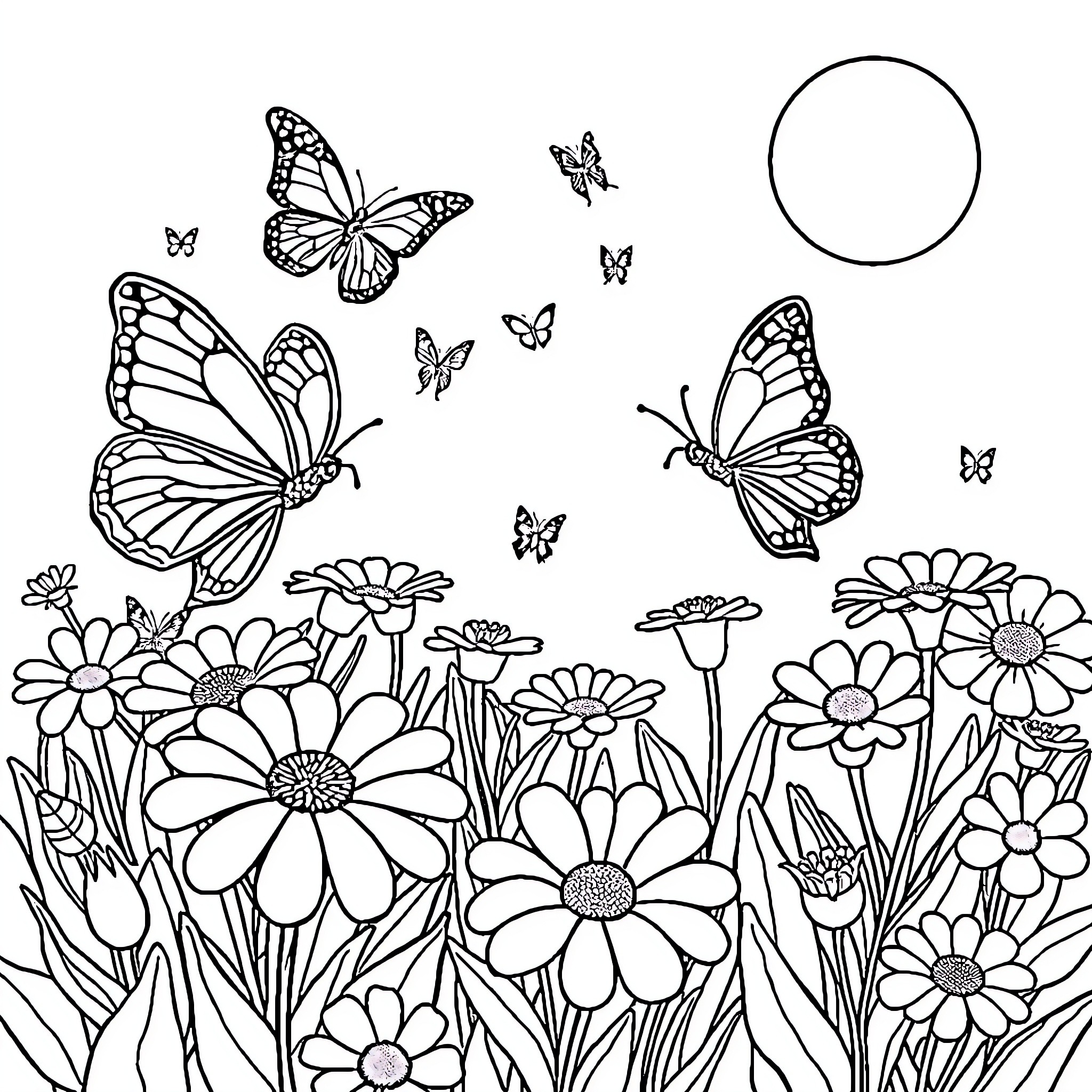 Butterfly garden with flowers and flying insects Coloring Page (free black-and-white line drawing printable PDF for all, from beginners to advanced learners, including children, teens, adults, and seniors)