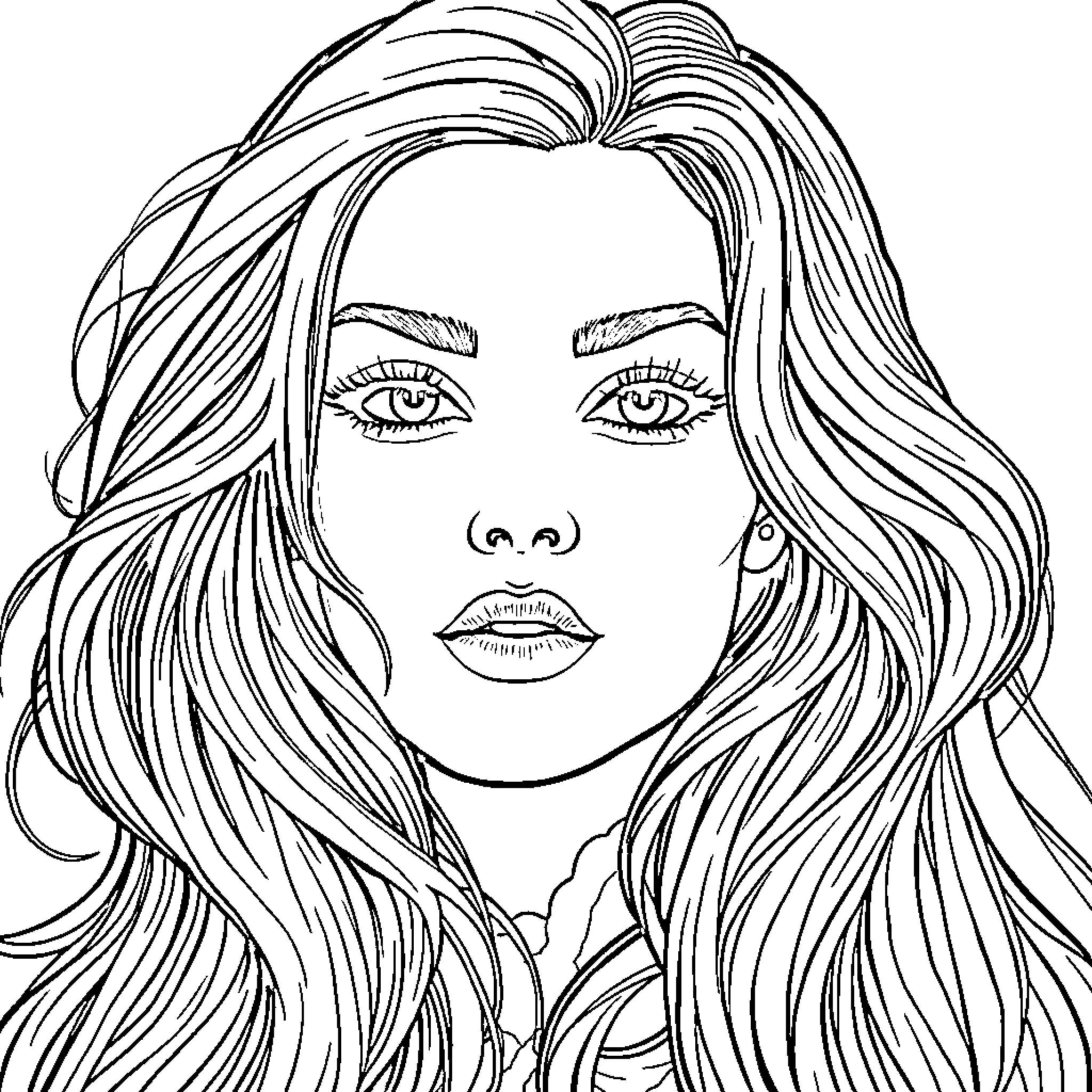 Woman with flowing hair and expressive facial features Coloring Page (free black-and-white line drawing printable PDF for all, from beginners to advanced learners, including children, teens, adults, and seniors)