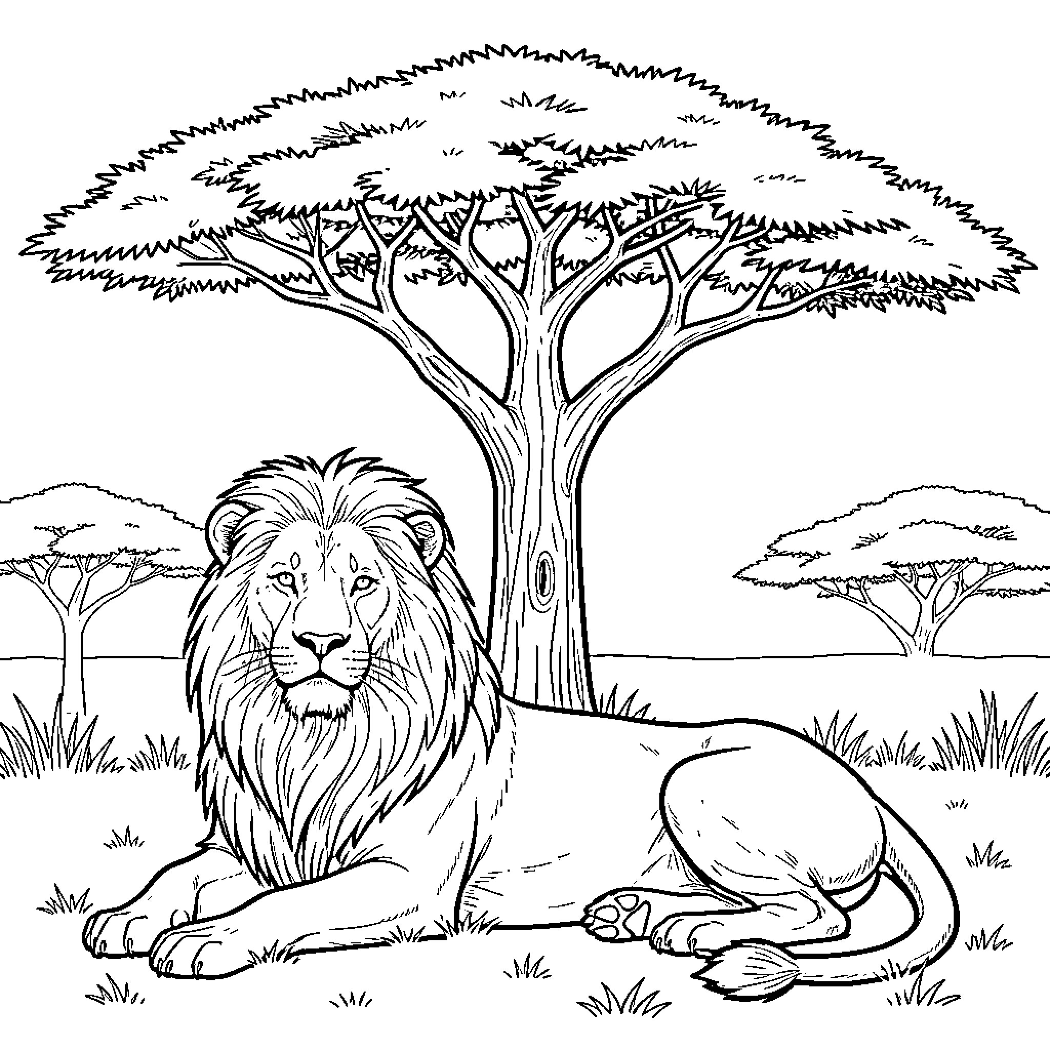 Lion resting under the African tree Coloring Page (free black-and-white line drawing printable PDF for all, from beginners to advanced learners, including children, teens, adults, and seniors)