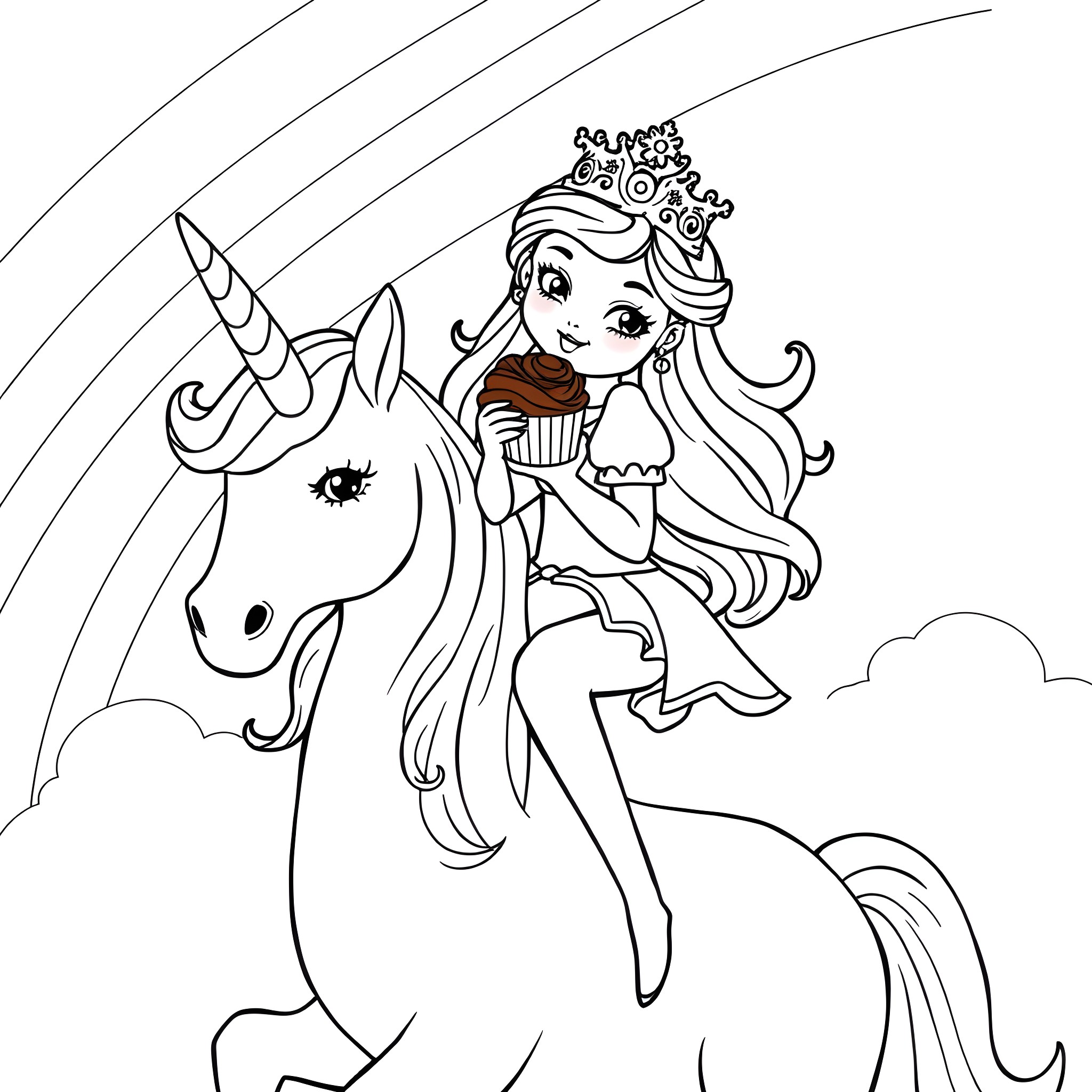 Princess riding a magical unicorn Coloring Page (free black-and-white line drawing printable PDF for all, from beginners to advanced learners, including children, teens, adults, and seniors)
