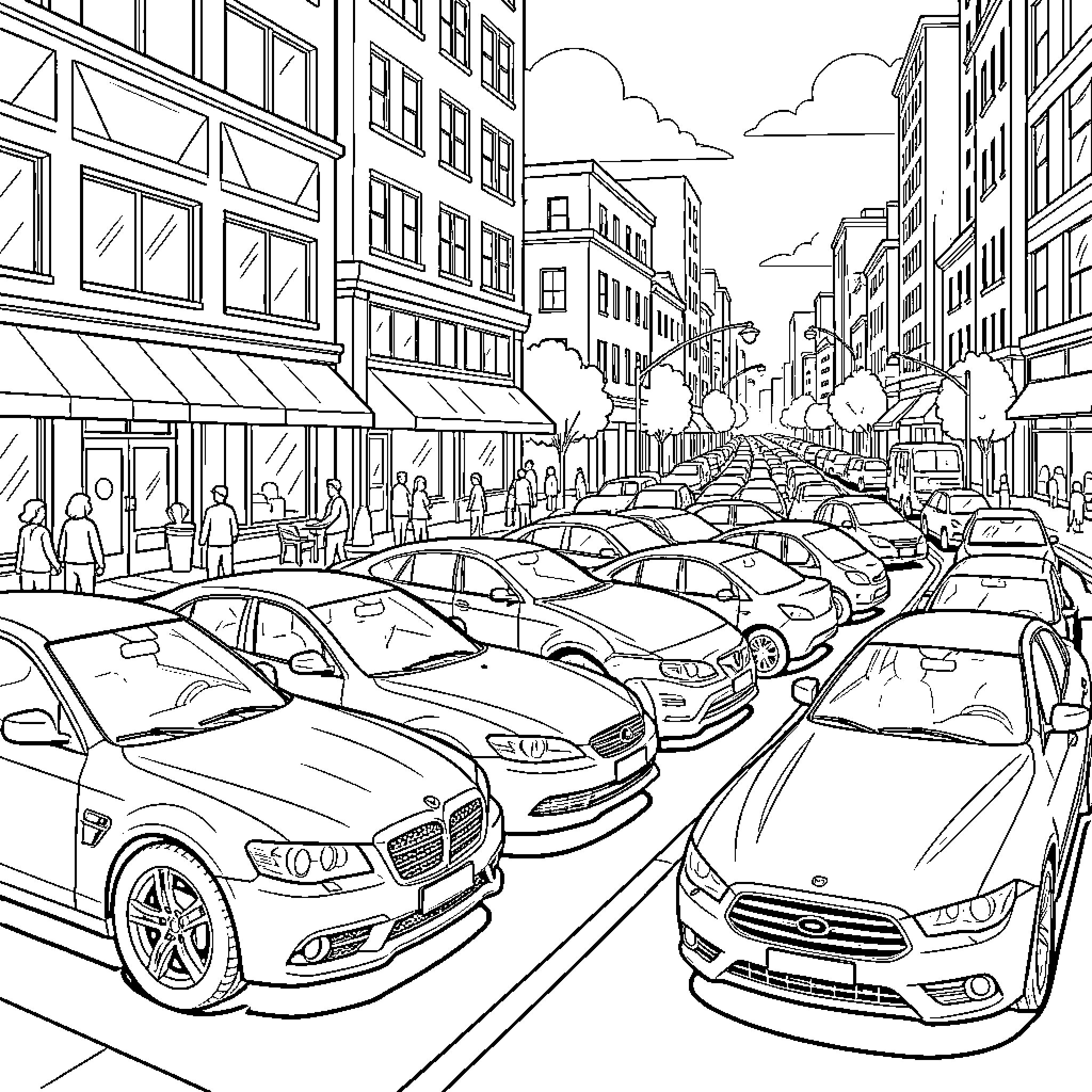 Cars in a Busy Urban Street Scene Coloring Page (free black-and-white line drawing printable PDF for all, from beginners to advanced learners, including children, teens, adults, and seniors)