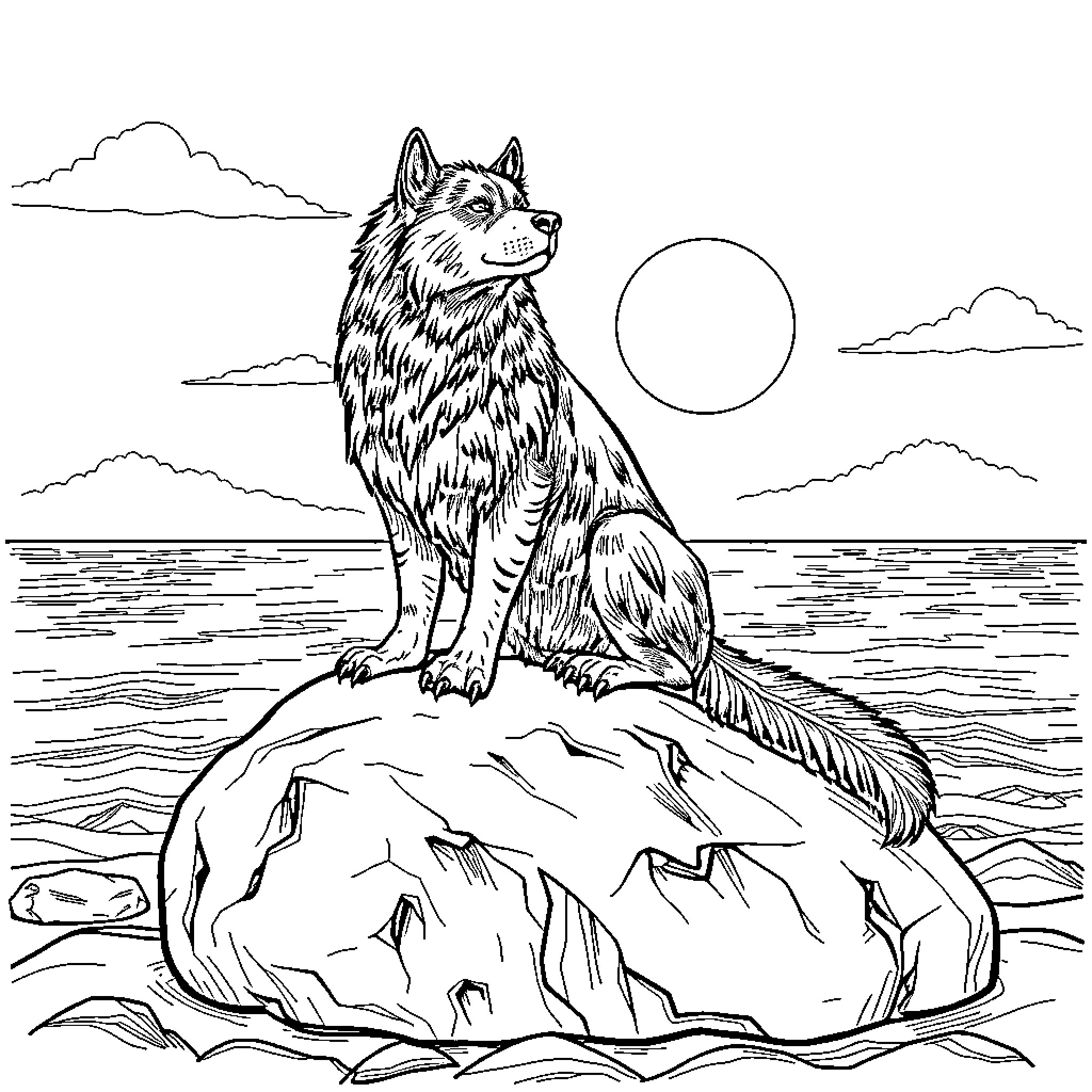 Kod: Wolf sitting atop a rocky outcrop Coloring Page (free black-and-white line drawing printable PDF for all, from beginners to advanced learners, including children, teens, adults, and seniors)
