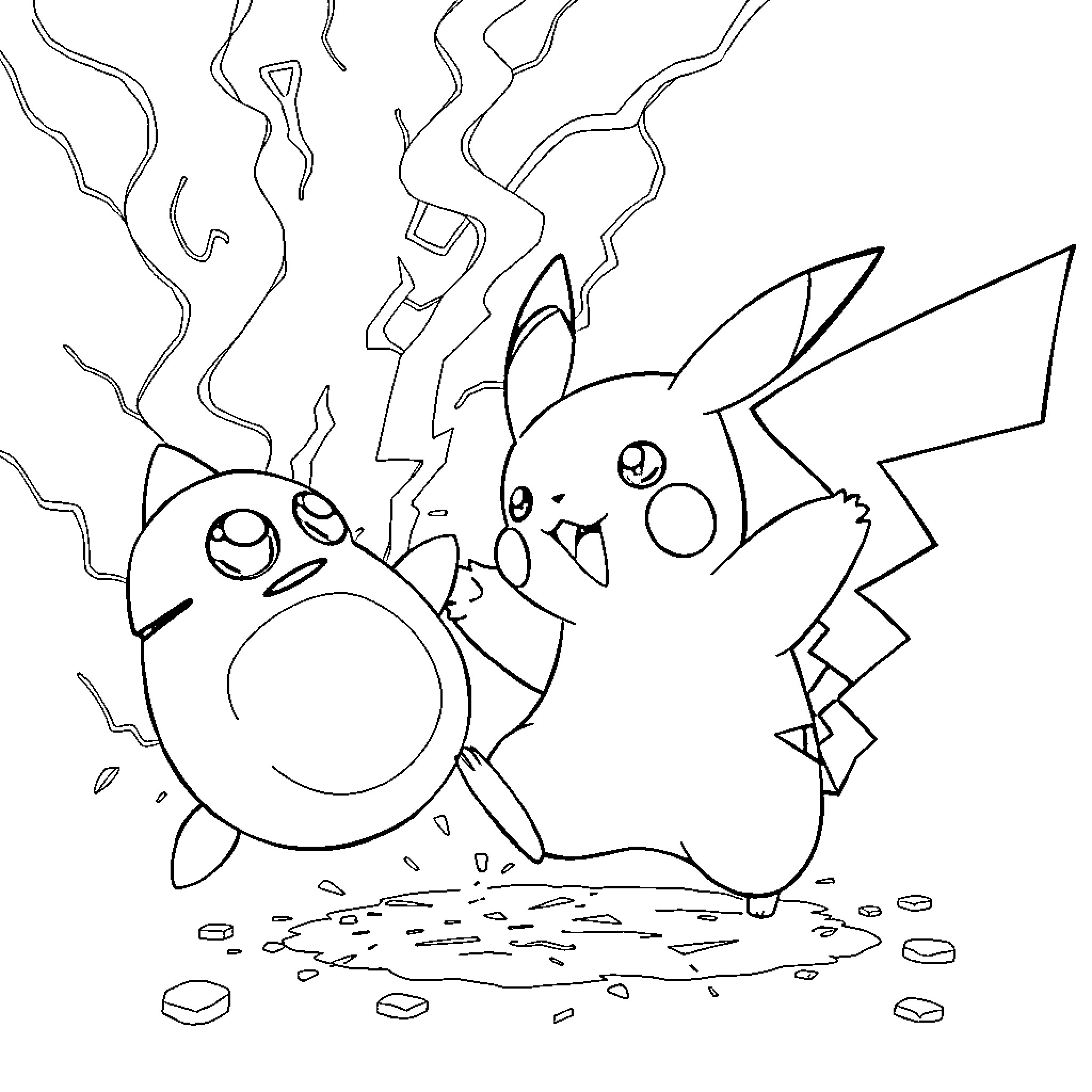 Pikachu and Snorlax in an energetic scene Coloring Page (free black-and-white line drawing printable PDF for all, from beginners to advanced learners, including children, teens, adults, and seniors)