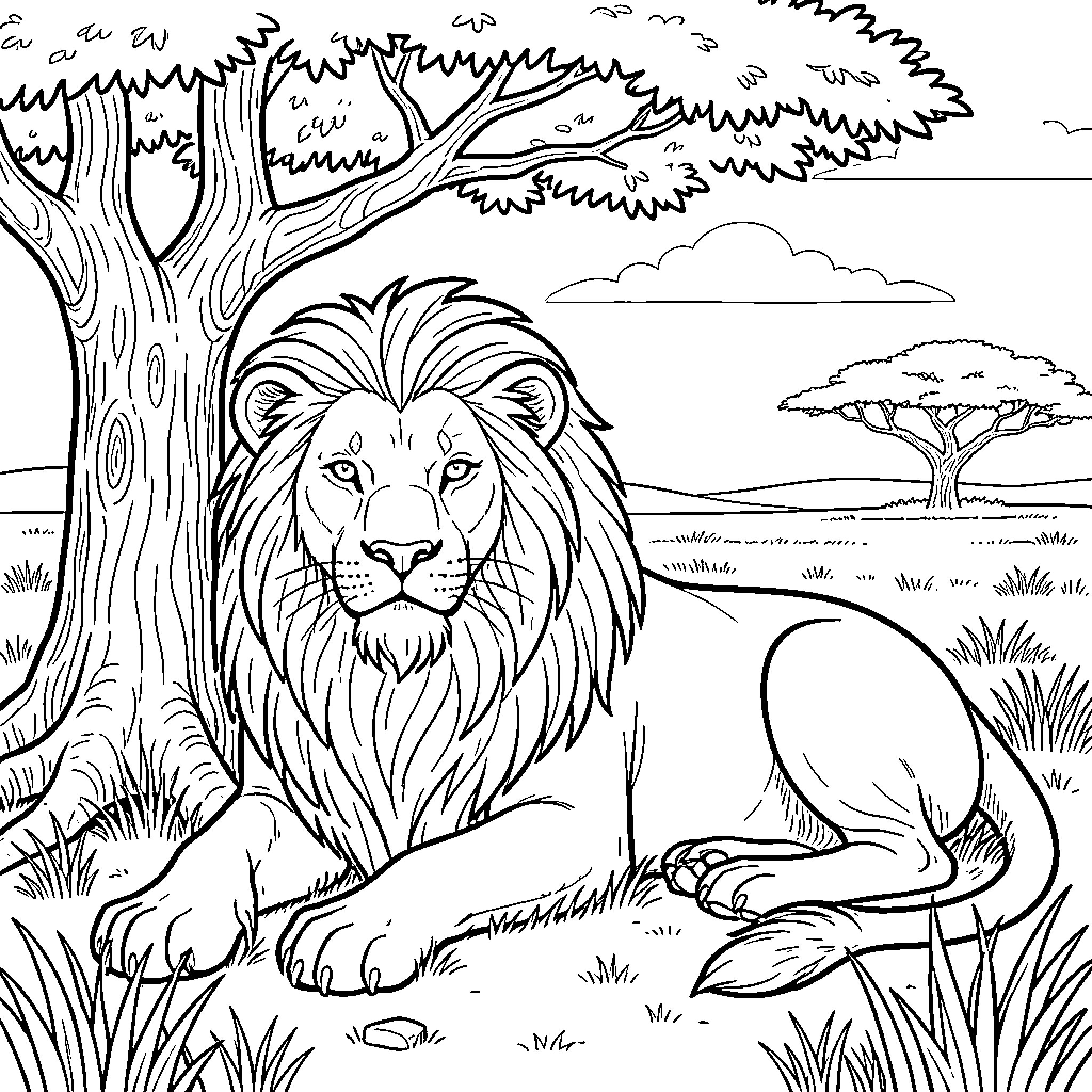 Lion resting in the wild savanna Coloring Page (free black-and-white line drawing printable PDF for all, from beginners to advanced learners, including children, teens, adults, and seniors)