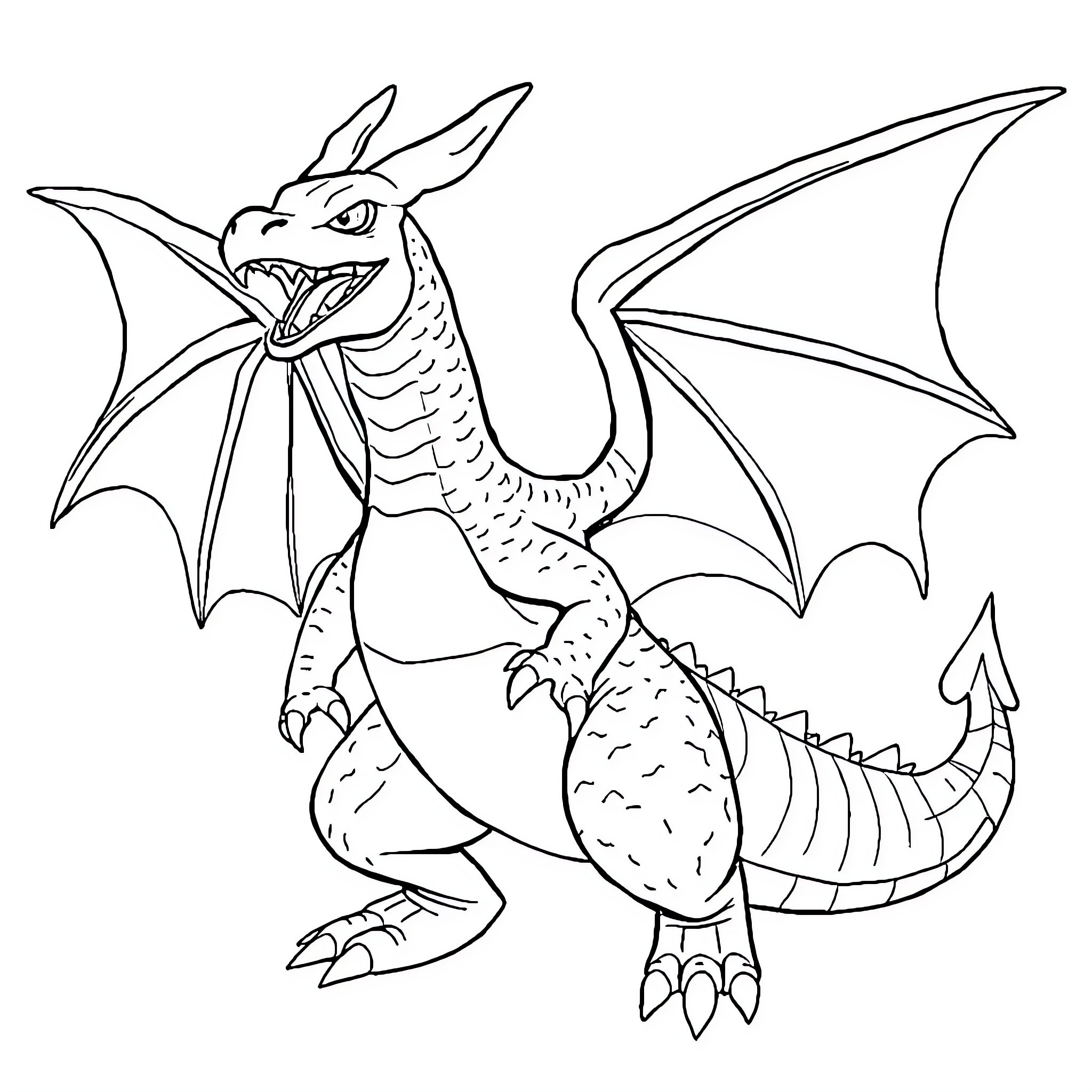 Charizard breathing fire in action pose Coloring Page (free black-and-white line drawing printable PDF for all, from beginners to advanced learners, including children, teens, adults, and seniors)
